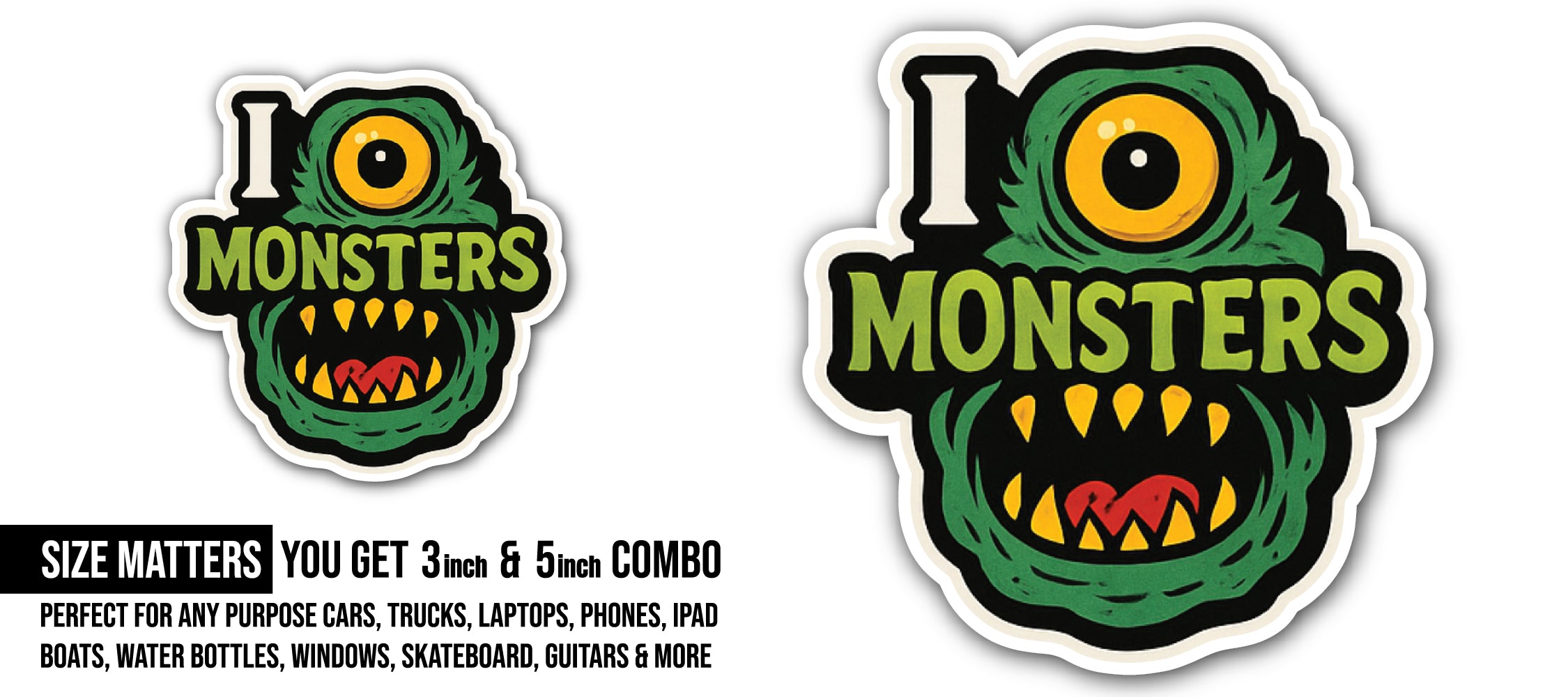 Green Monster Sticker, Waterproof Vinyl Decal Sticker Indoor Or Outdoor 2 (Pieces) 3" and 5"