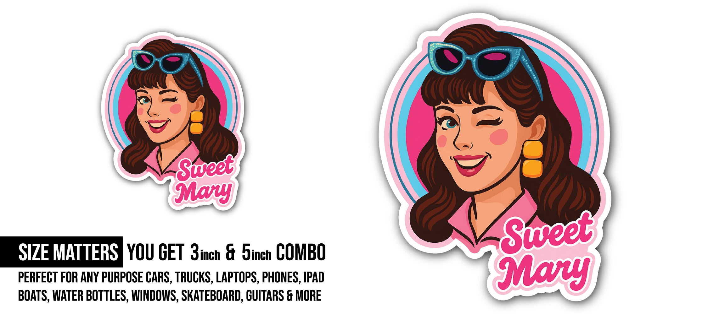 Sweet Mary Girl Sticker, Waterproof Vinyl Decal Sticker Indoor Or Outdoor 2 (Pieces) 3" and 5"