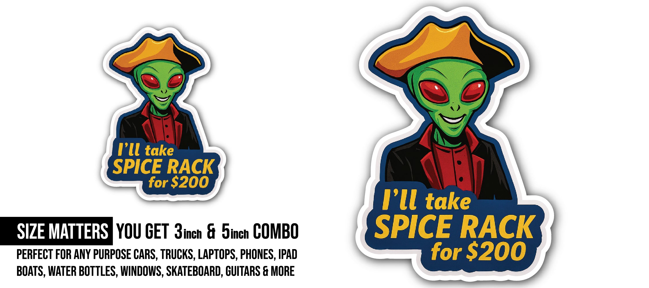 Alien Gentleman Sticker, Waterproof Vinyl Decal Sticker Indoor Or Outdoor 2 (Pieces) 3" and 5"