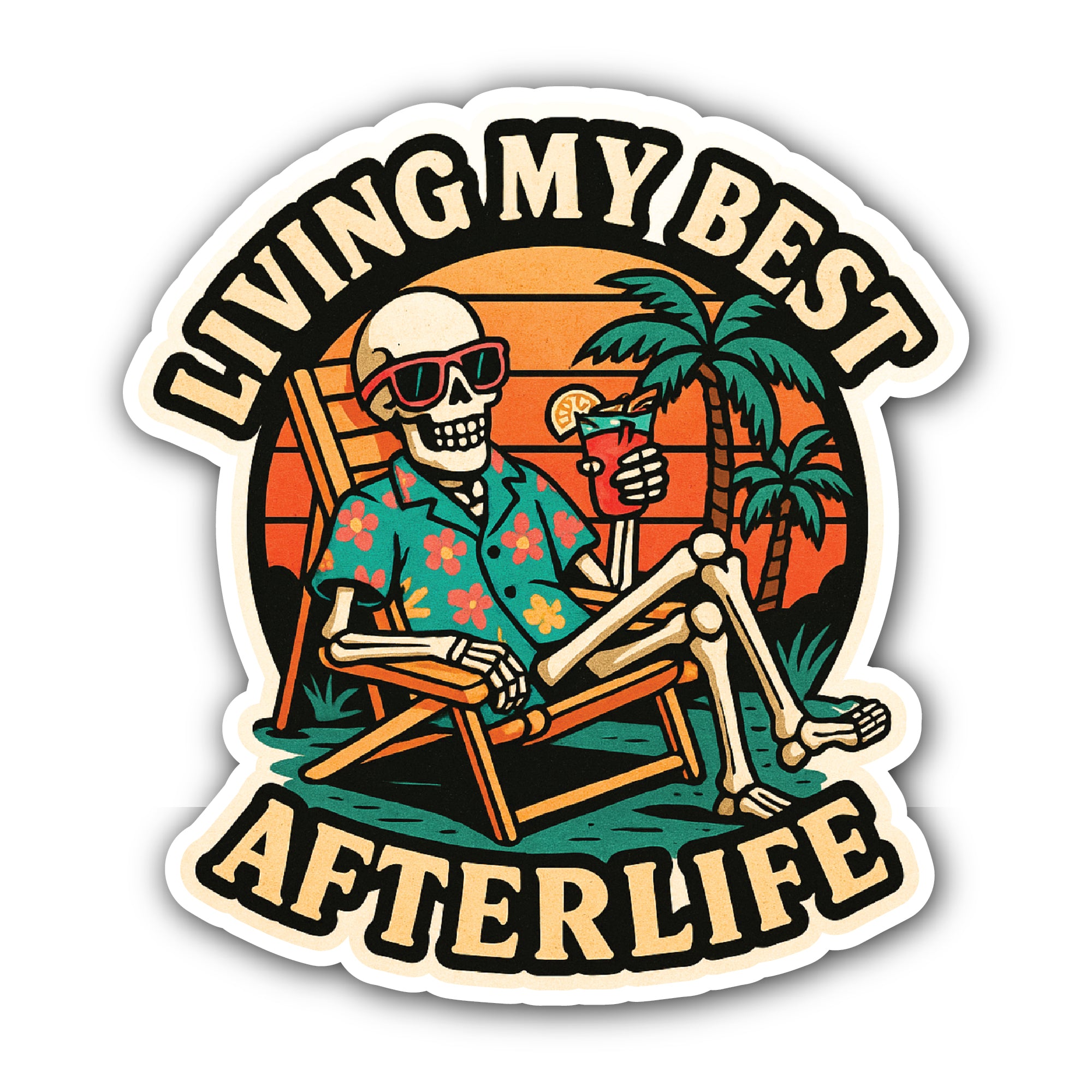 Cute Skeleton On Vacation Sticker, Waterproof Vinyl Decal Sticker Indoor Or Outdoor 2 (Pieces) 3" and 5"