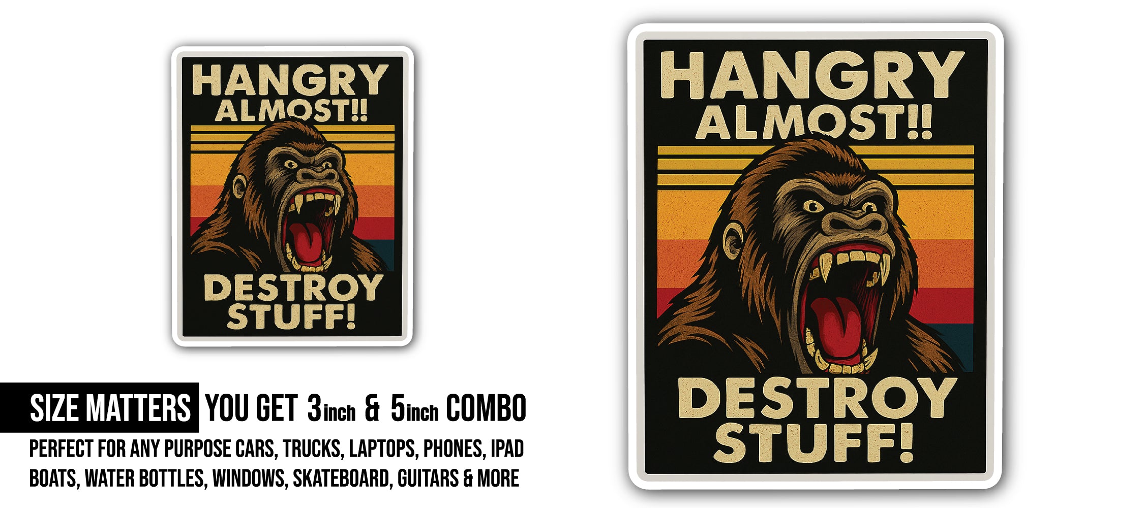 Angry Gorilla Sticker, Waterproof Vinyl Decal Sticker Indoor Or Outdoor 2 (Pieces) 3" and 5"