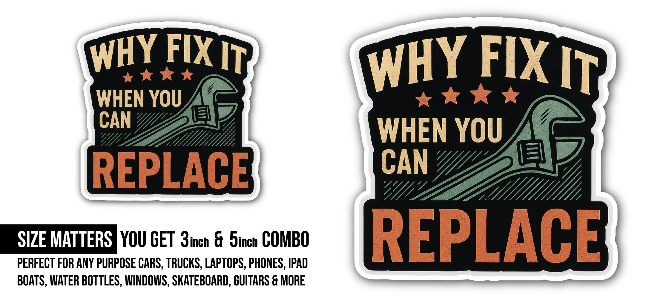 WHY FIX IT Sticker, Waterproof Vinyl Decal Sticker Indoor Or Outdoor 2 (Pieces) 3" and 5"