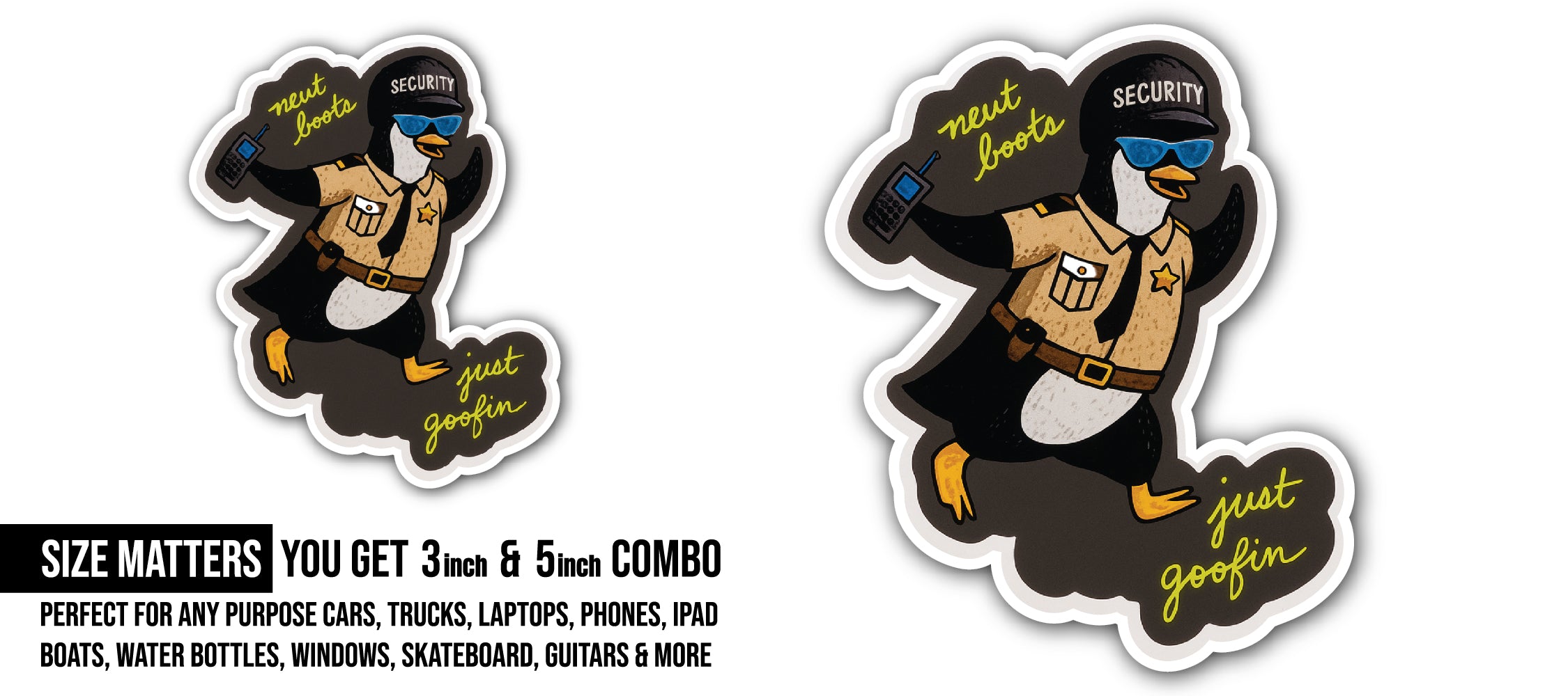 Security Penguin Sticker, Waterproof Vinyl Decal Sticker Indoor Or Outdoor 2 (Pieces) 3" and 5"