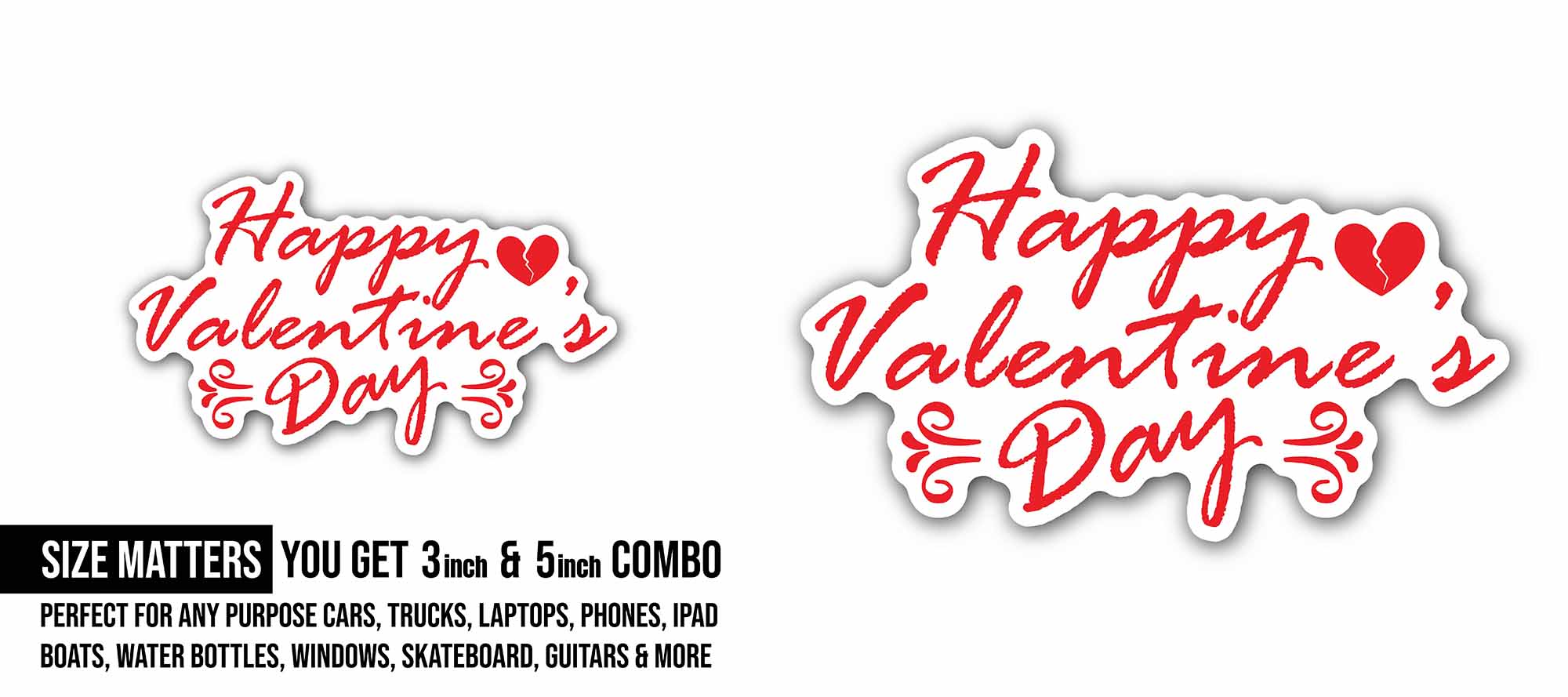 Red Color Happy Valentine Day Text Sticker, Waterproof Vinyl Decal Sticker Indoor Or Outdoor 2 (Pieces) 3" and 5"