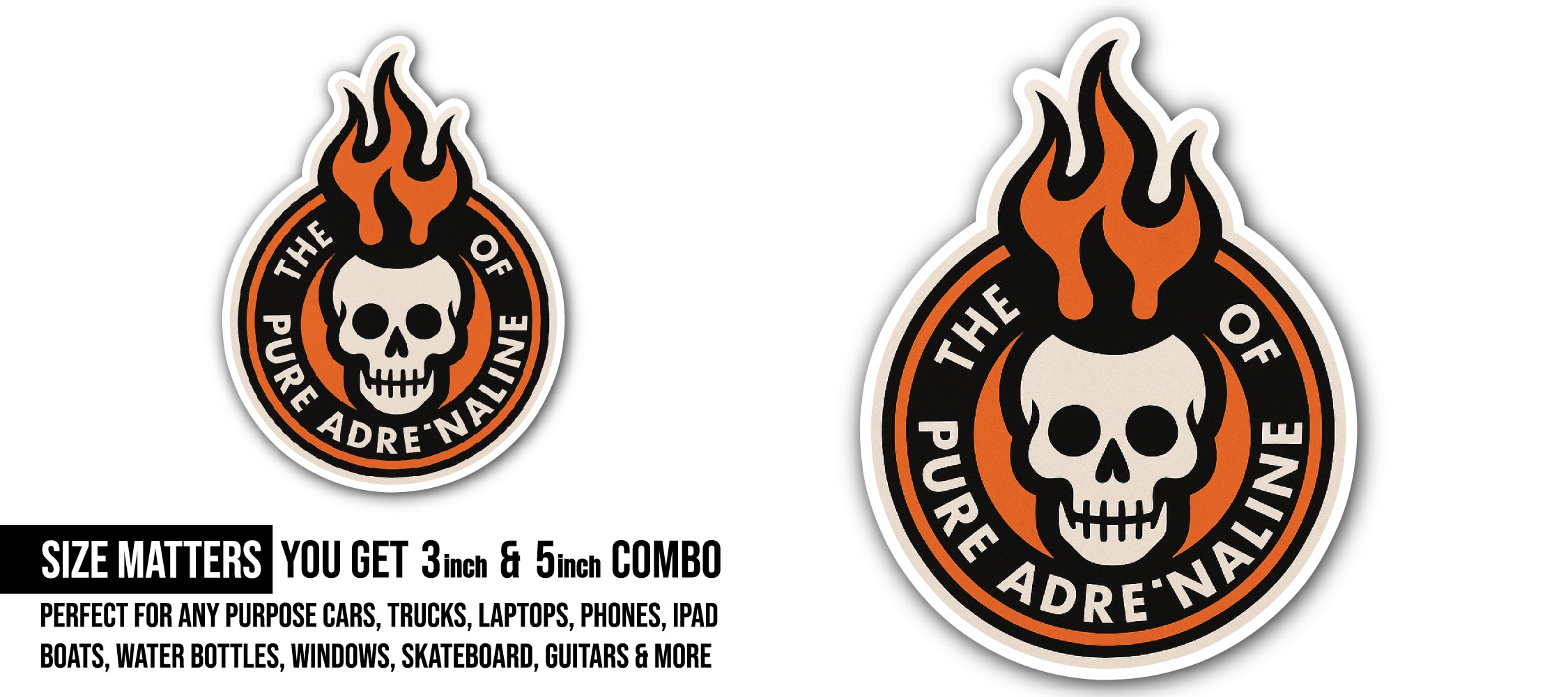 Pure Adrenaline Skull Sticker, Waterproof Vinyl Decal Sticker Indoor Or Outdoor 2 (Pieces) 3" and 5"