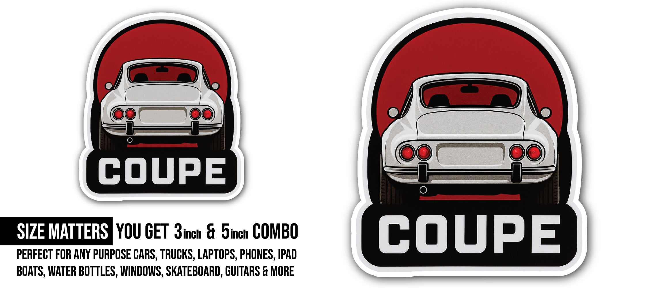 Coupe Text Sticker, Waterproof Vinyl Decal Sticker Indoor Or Outdoor 2 (Pieces) 3" and 5"