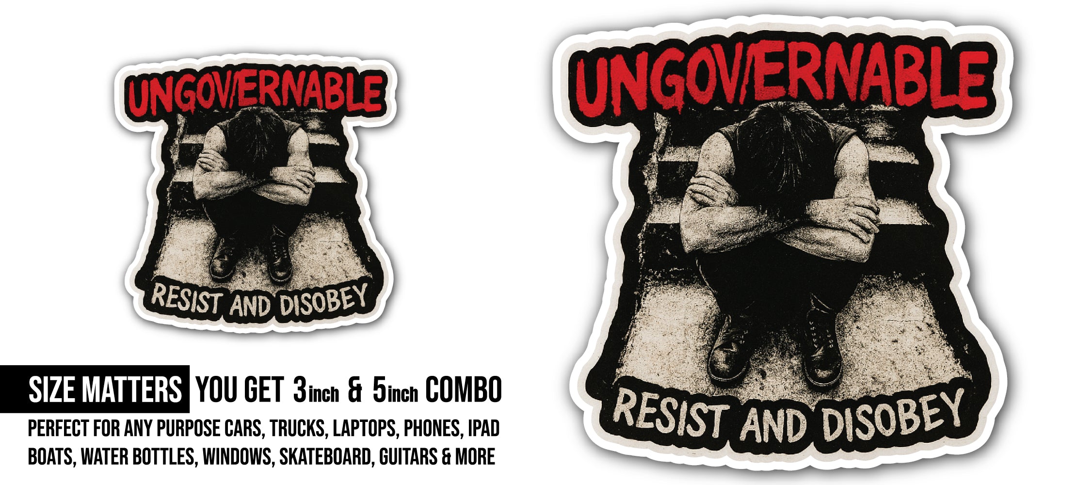 Ungovernable: Resist and Disobey Sticker, Waterproof Vinyl Decal Sticker Indoor Or Outdoor 2 (Pieces) 3" and 5"