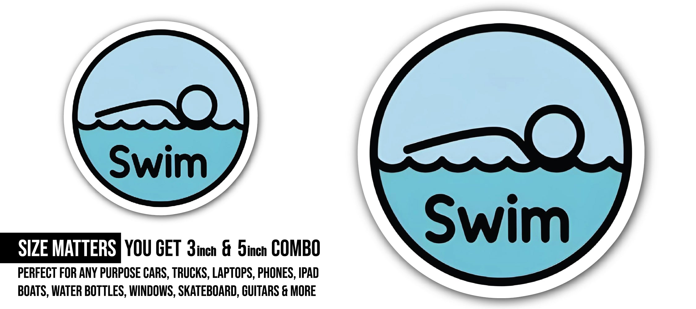 Swim Sticker, Waterproof Vinyl Decal Sticker Indoor Or Outdoor 2 (Pieces) 3" and 5"