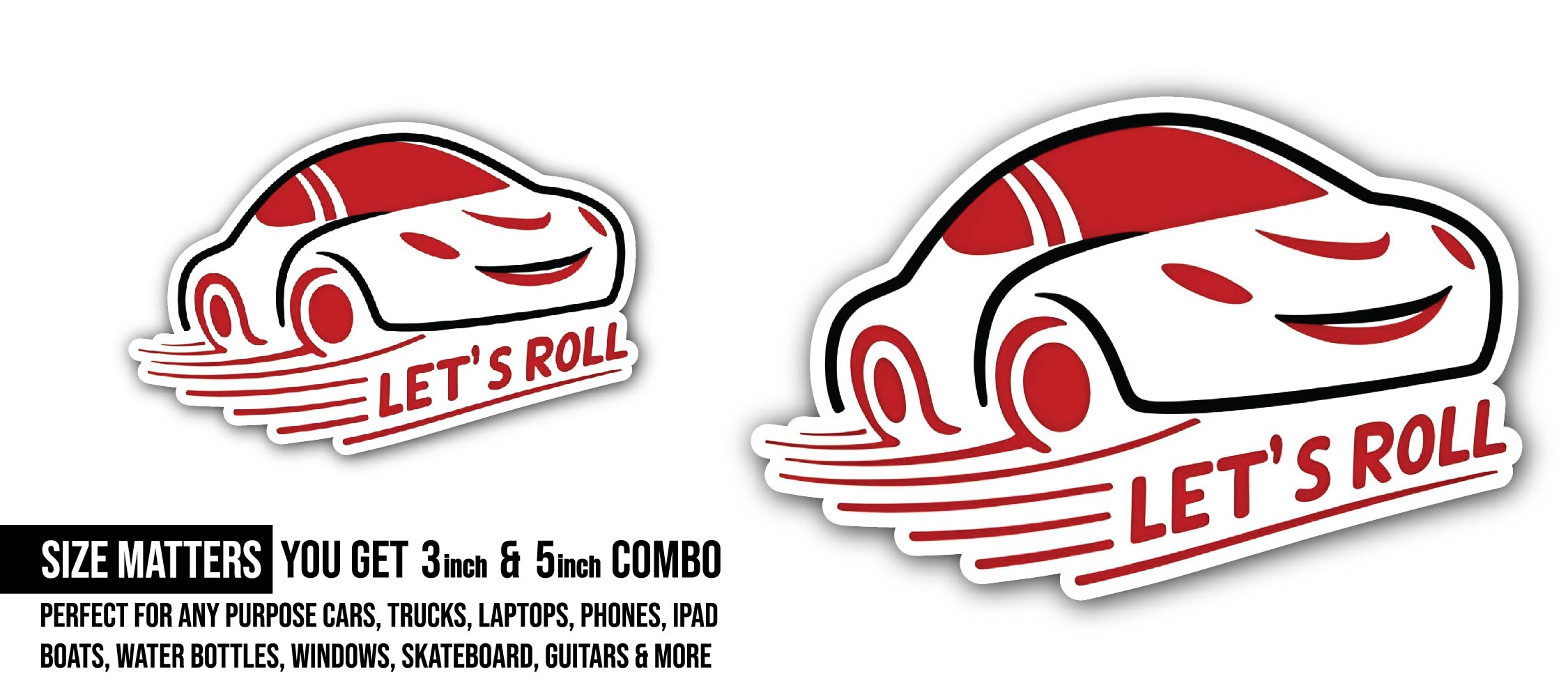 Let's Roll Car Sticker, Waterproof Vinyl Decal Sticker Indoor Or Outdoor 2 (Pieces) 3" and 5"