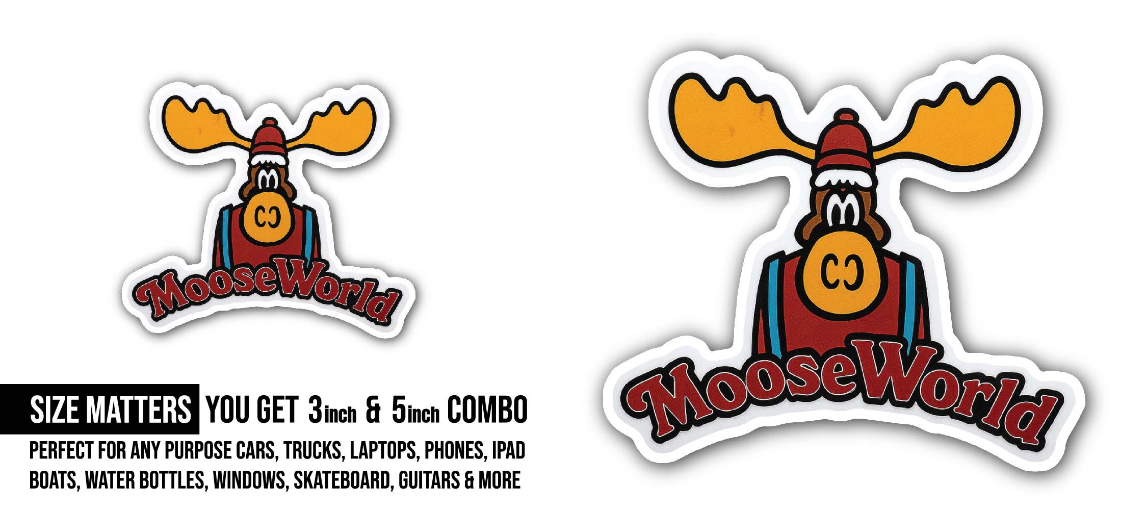 Moose World Sticker, Waterproof Vinyl Decal Sticker Indoor Or Outdoor 2 (Pieces) 3" and 5"