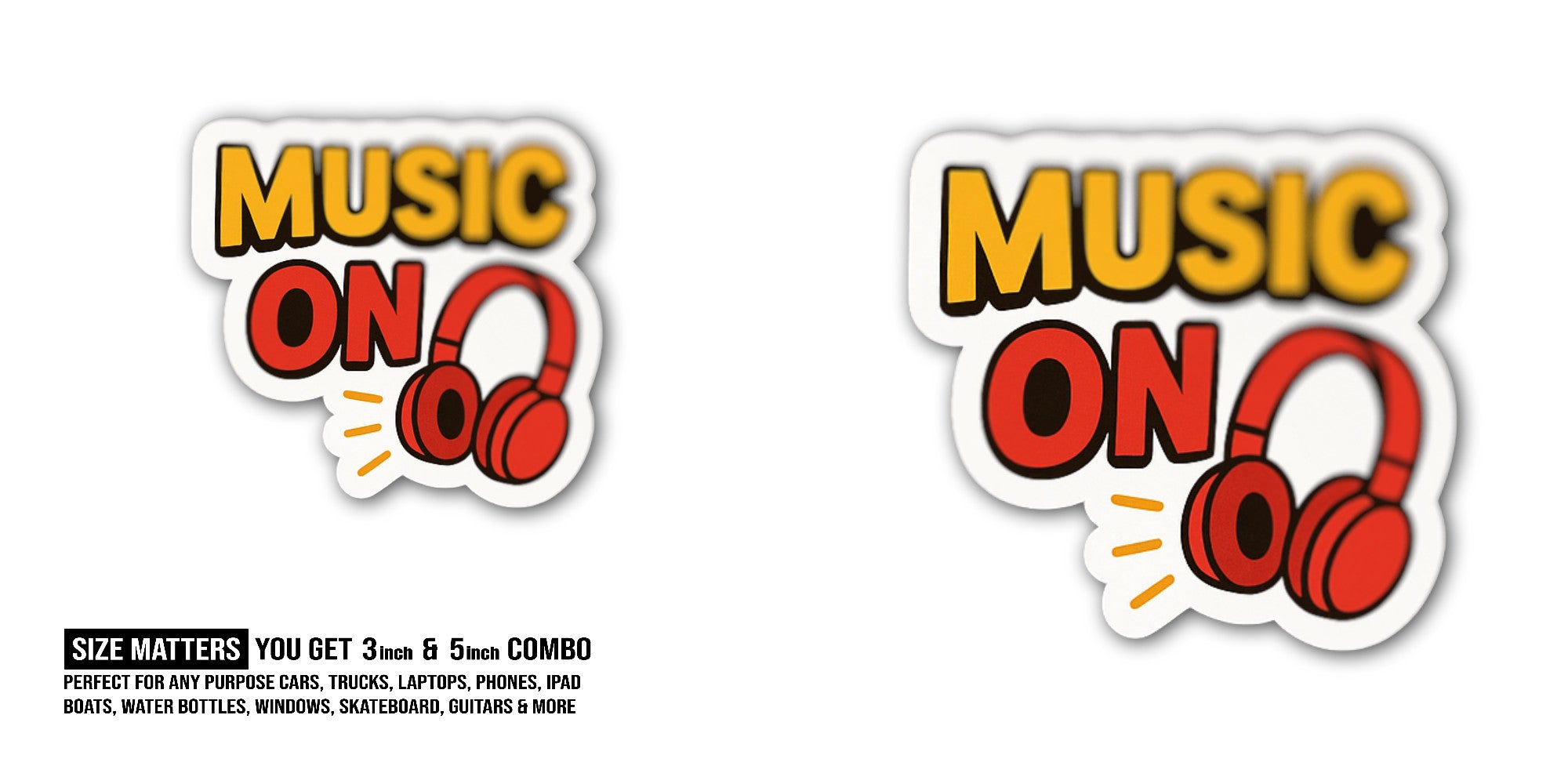 Music On Sticker, Waterproof Vinyl Decal Sticker Indoor Or Outdoor 2 (Pieces) 3" and 5"