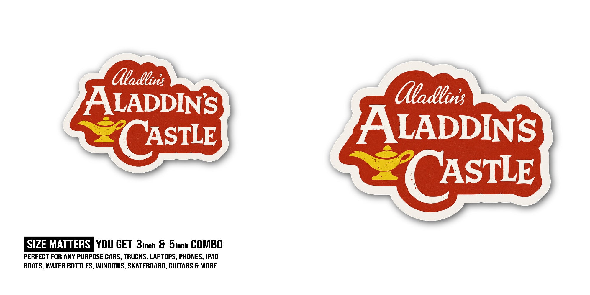 Aladdin's Castle Sticker, Waterproof Vinyl Decal Sticker Indoor Or Outdoor 2 (Pieces) 3" and 5"