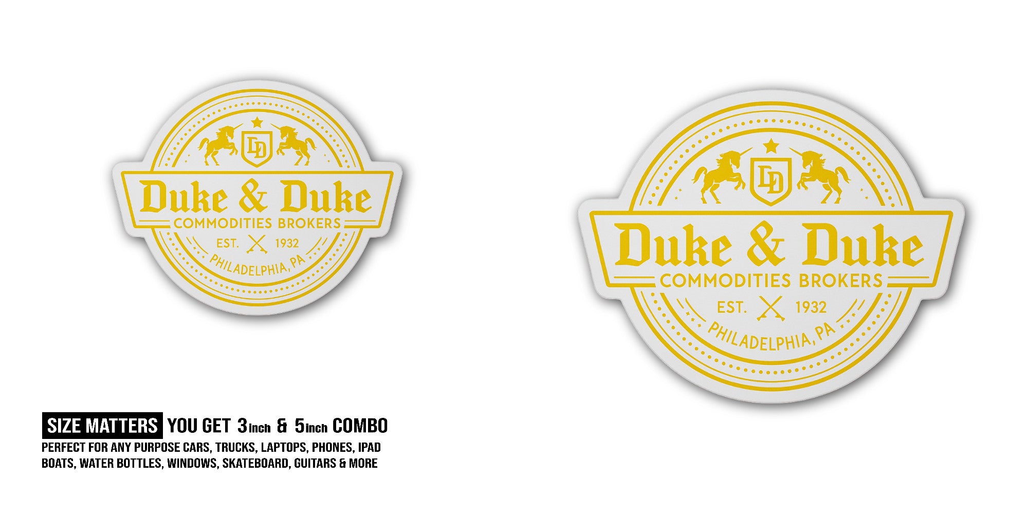 Duke & Duke Sticker, Waterproof Vinyl Decal Sticker Indoor Or Outdoor 2 (Pieces) 3" and 5"
