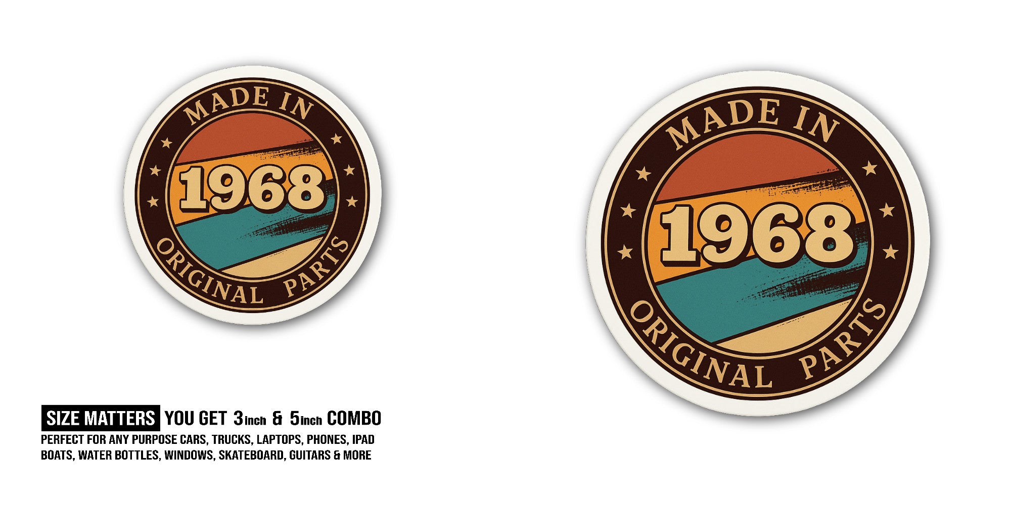 Vintage Made In 1968 Original Parts Sticker, Waterproof Vinyl Decal Sticker Indoor Or Outdoor 2 (Pieces) 3" and 5"