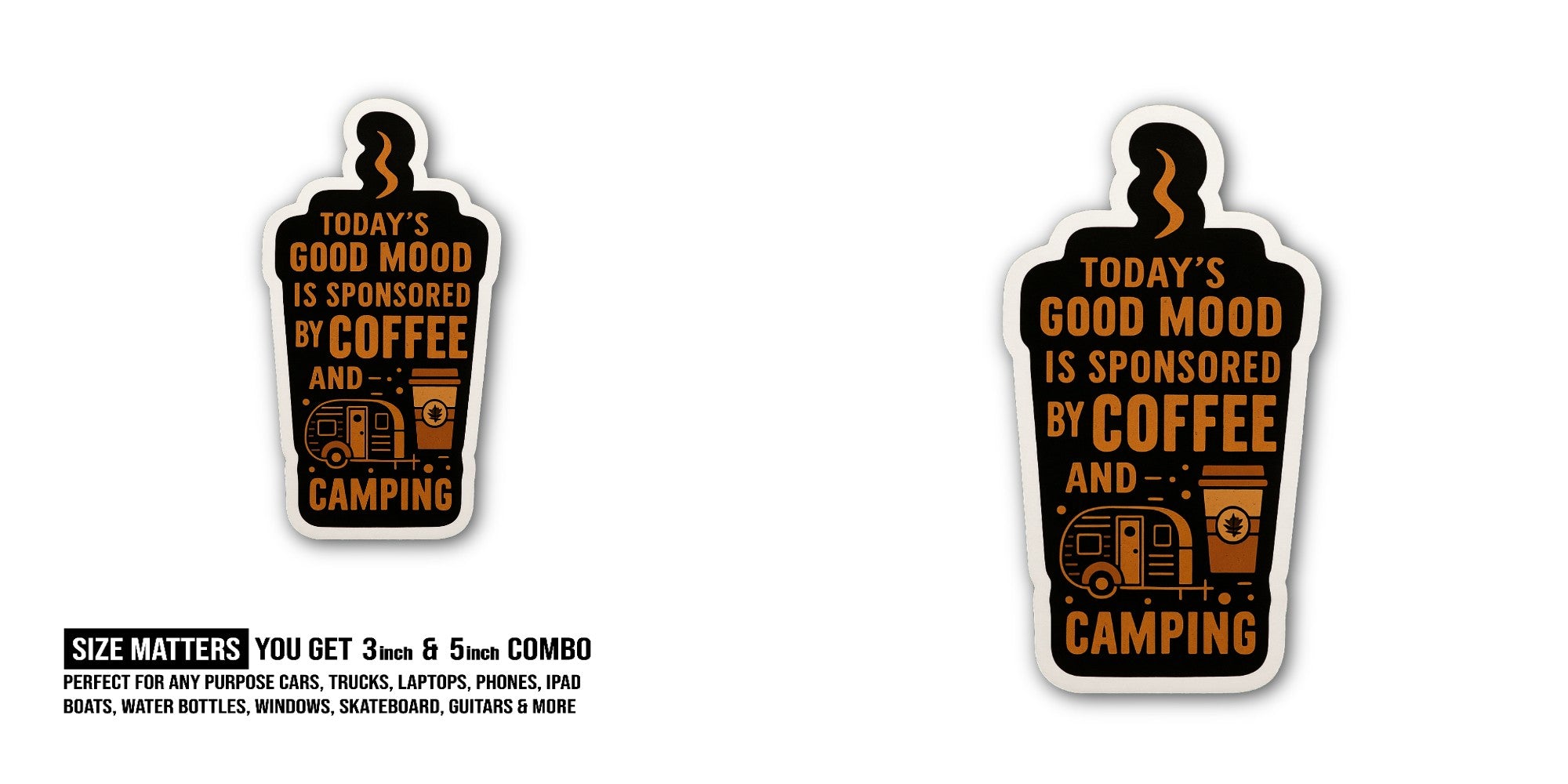 Love Camping & Coffee Sticker, Waterproof Vinyl Decal Sticker Indoor Or Outdoor 2 (Pieces) 3" and 5"