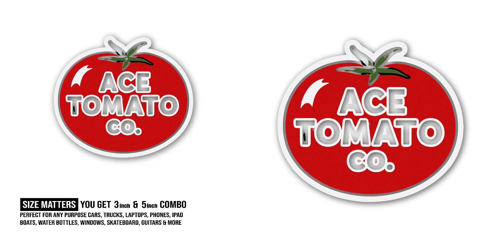 Ace Tomato Co. Sticker, Waterproof Vinyl Decal Sticker Indoor Or Outdoor 2 (Pieces) 3" and 5"