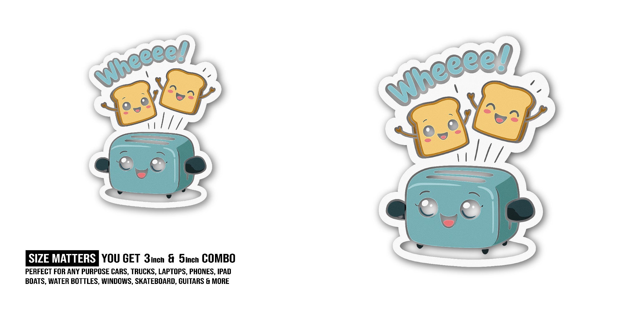 Cute Kawaii Toast and Toaster Sticker, Waterproof Vinyl Decal Sticker Indoor Or Outdoor 2 (Pieces) 3" and 5"