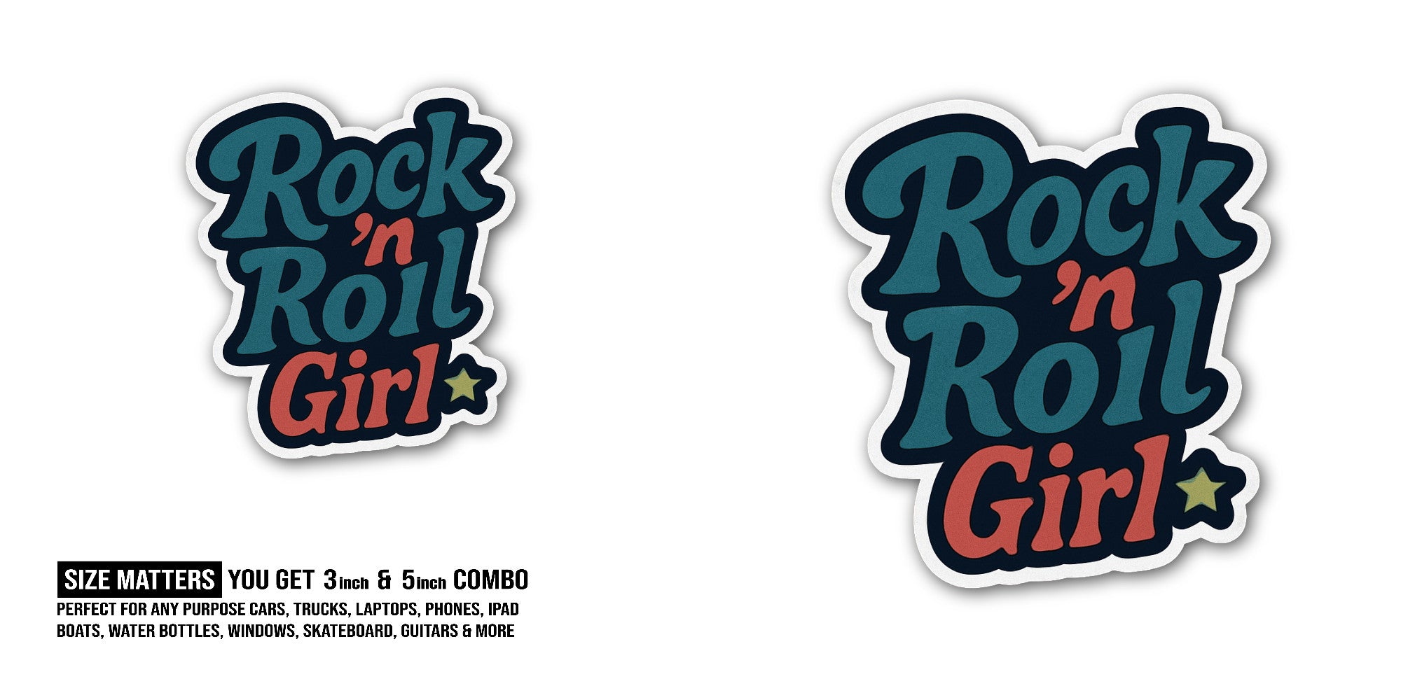 Rock 'n Roil Girl Sticker, Waterproof Vinyl Decal Sticker Indoor Or Outdoor 2 (Pieces) 3" and 5"
