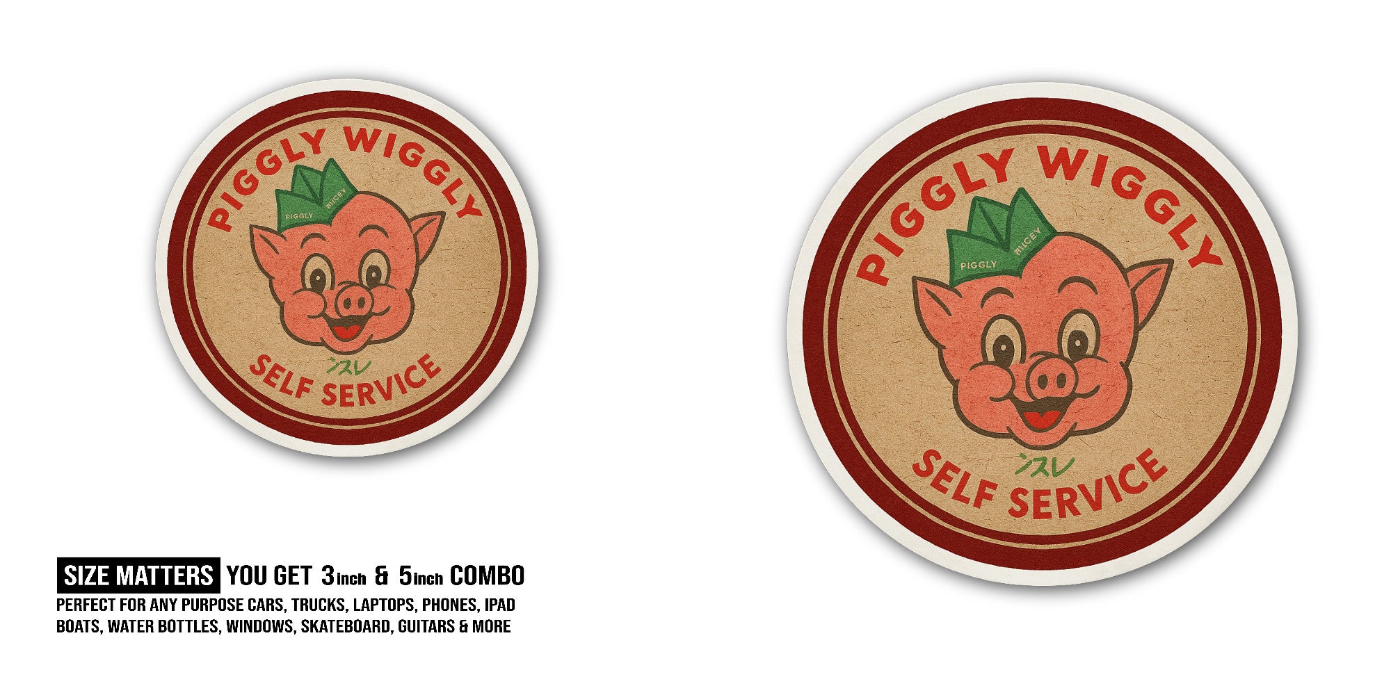 Piggly Wiggly Sticker, Waterproof Vinyl Decal Sticker Indoor Or Outdoor 2 (Pieces) 3" and 5"