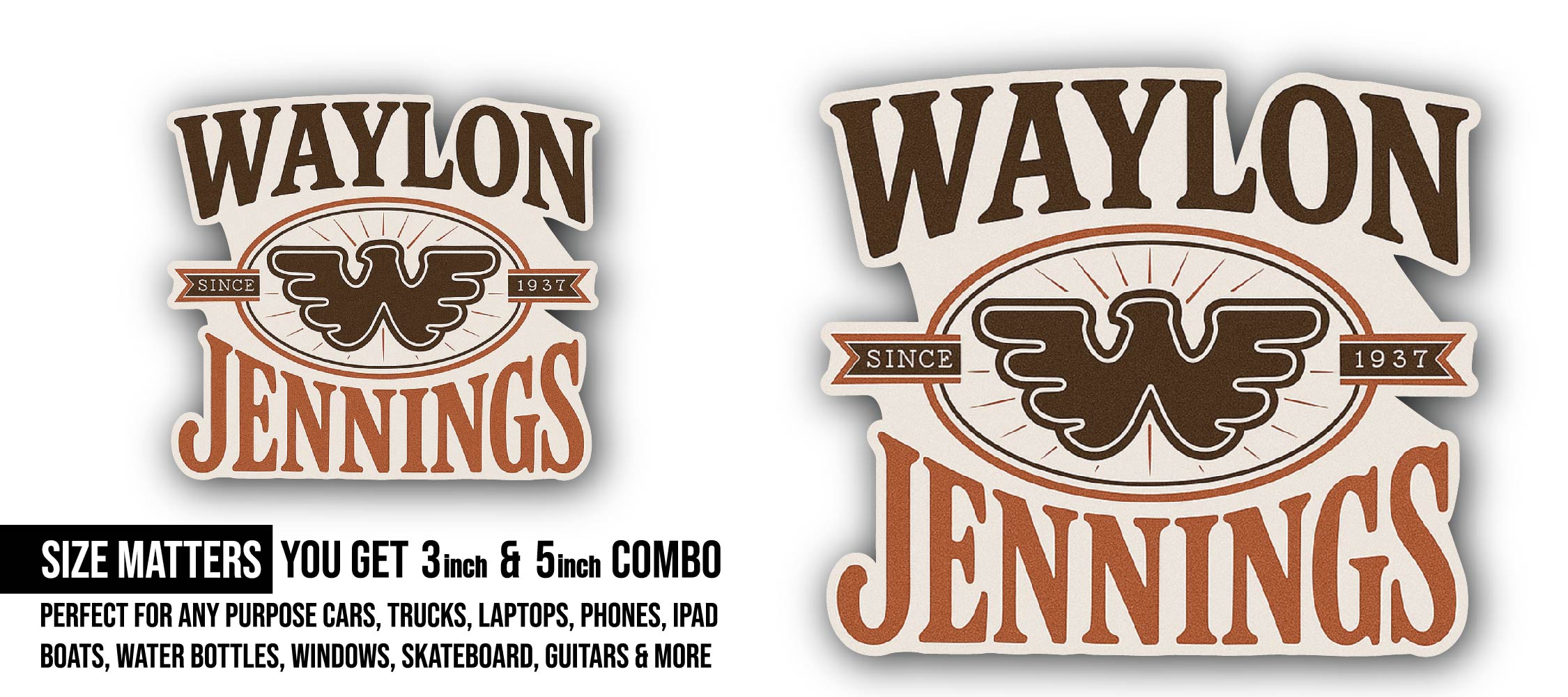Waylon Jennings Sticker, Waterproof Vinyl Decal Sticker Indoor Or Outdoor 2 (Pieces) 3" and 5"