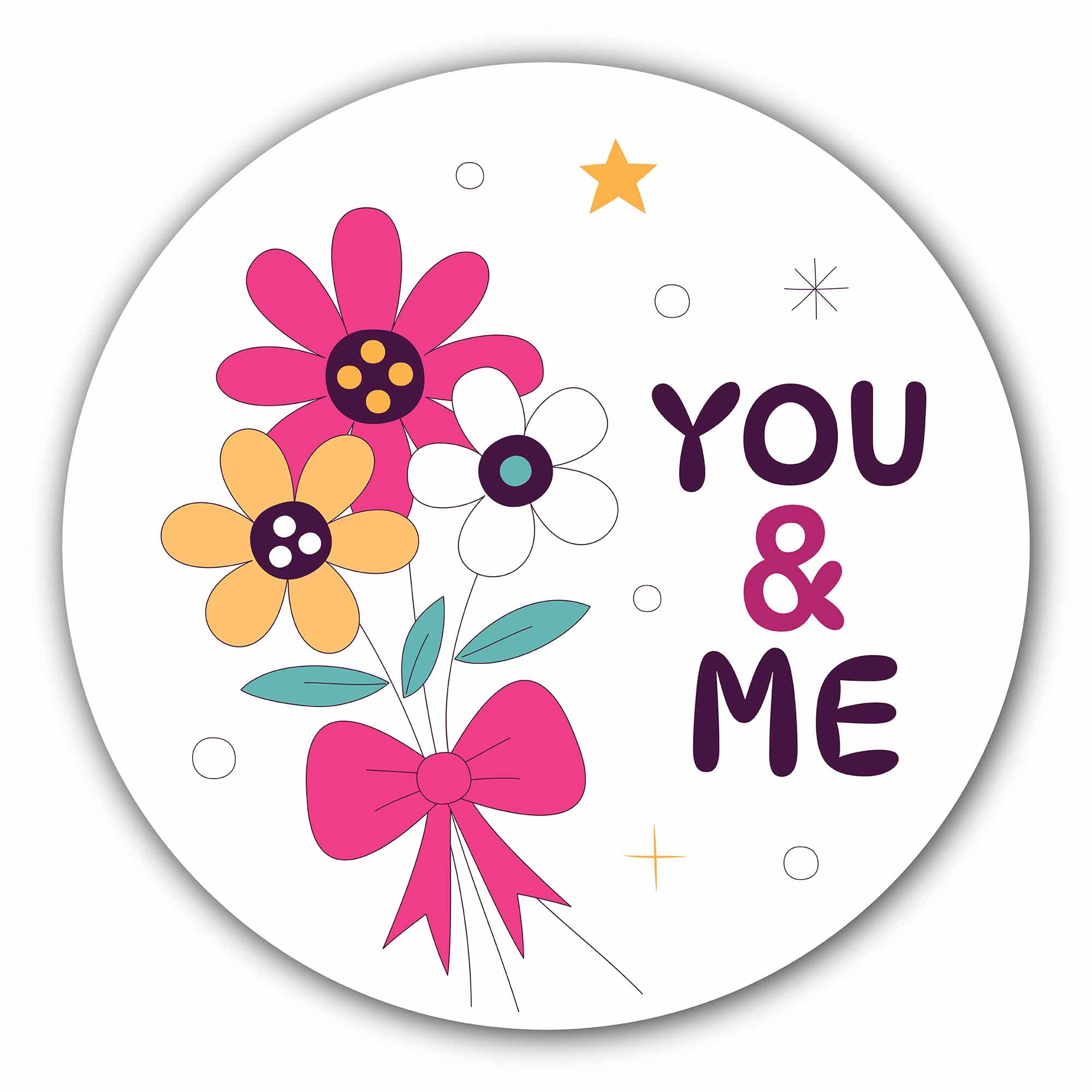 Three Flowers with You & Me Text Sticker, Waterproof Vinyl Decal Sticker Indoor Or Outdoor 2 (Pieces) 3" and 5"
