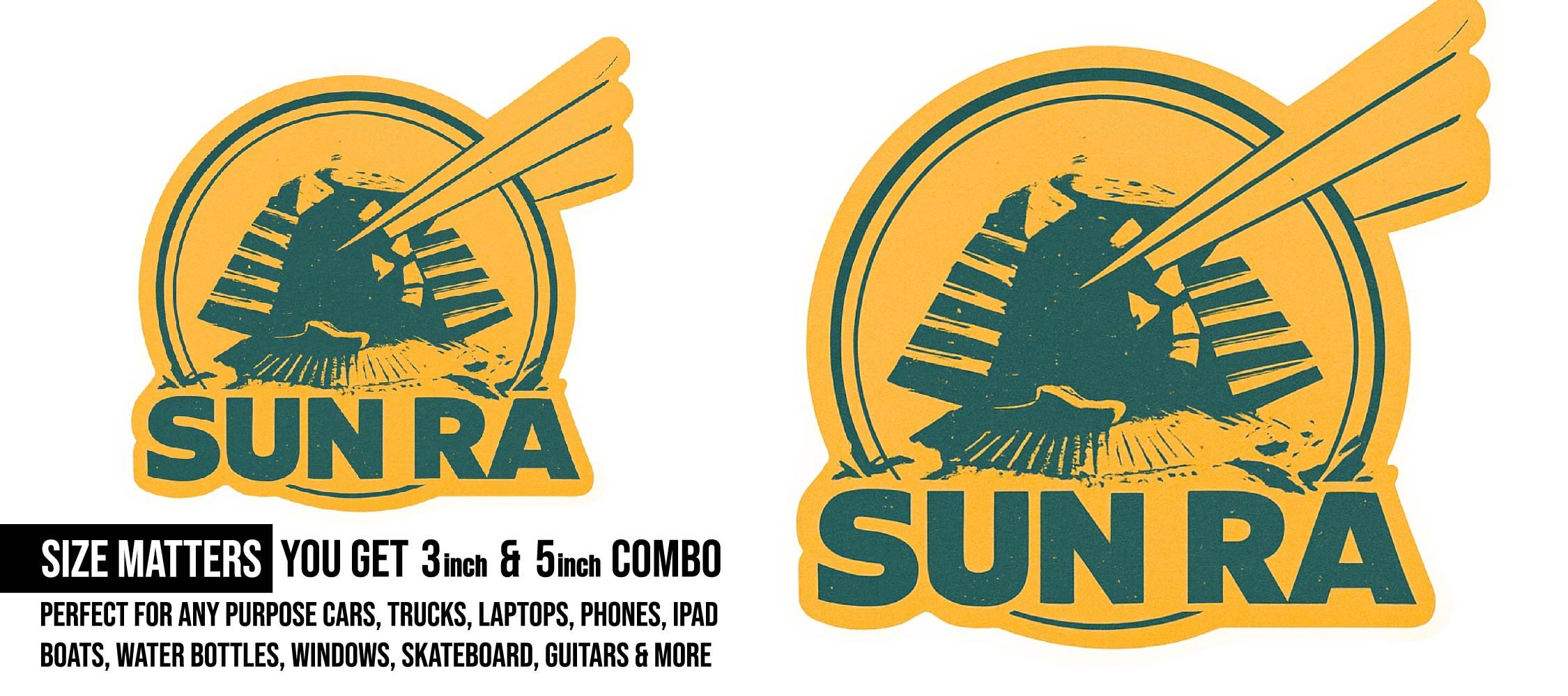 Sun Ra Sticker, Waterproof Vinyl Decal Sticker Indoor Or Outdoor 2 (Pieces) 3" and 5"