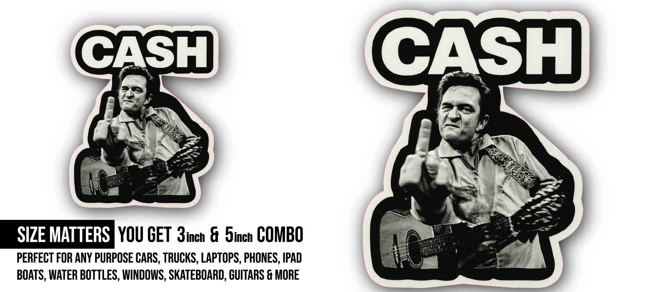 Cool Johnny Cash Sticker, Waterproof Vinyl Decal Sticker Indoor Or Outdoor 2 (Pieces) 3" and 5"