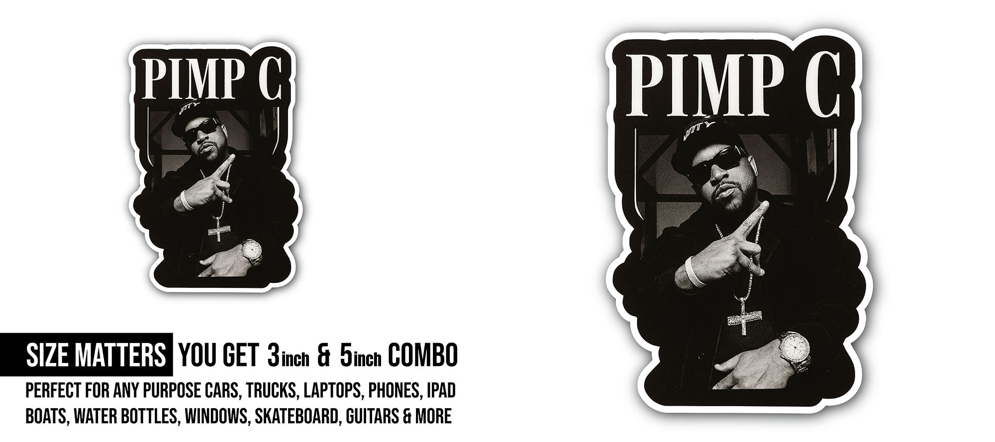 Pimp C Sticker, Waterproof Vinyl Decal Sticker Indoor Or Outdoor 2 (Pieces) 3" and 5"