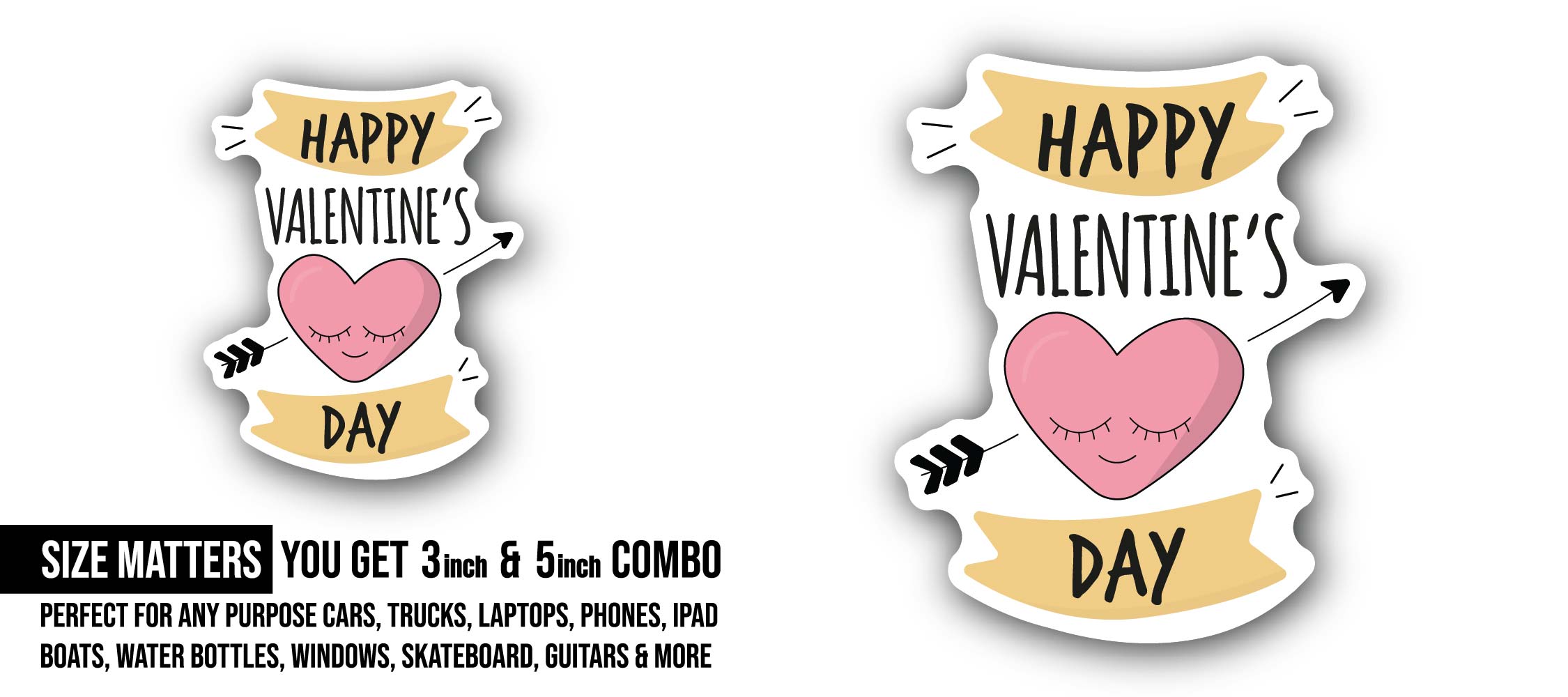 Sleep Heart & Happy Valentine's Day Sticker, Waterproof Vinyl Decal Sticker Indoor Or Outdoor 2 (Pieces) 3" and 5"