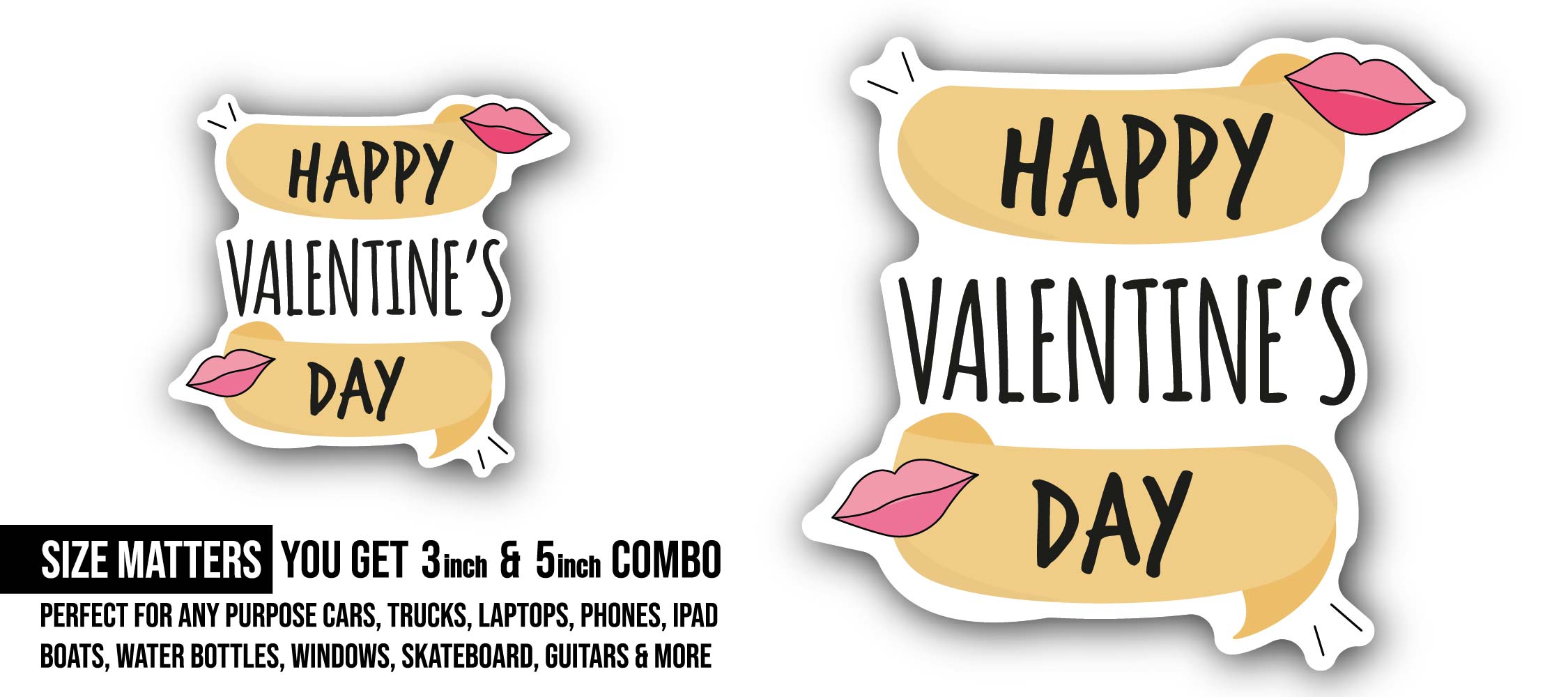 Two Lips & Happy Valentine's Day Text Sticker, Waterproof Vinyl Decal Sticker Indoor Or Outdoor 2 (Pieces) 3" and 5"