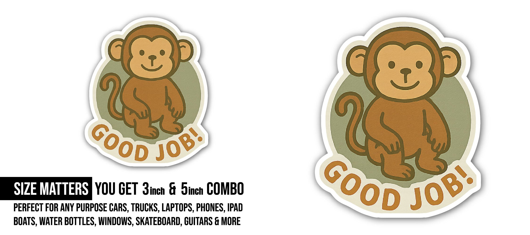 Monkey Sticker, Waterproof Vinyl Decal Sticker Indoor Or Outdoor 2 (Pieces) 3" and 5"