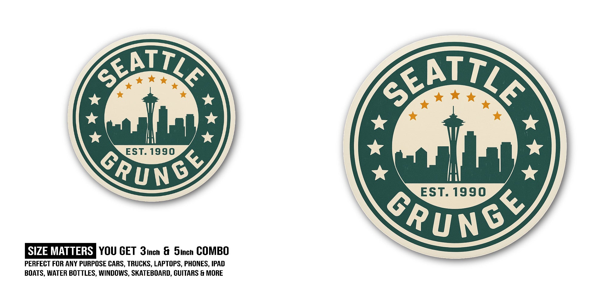 Seattle Grunge Sticker, Waterproof Vinyl Decal Sticker Indoor Or Outdoor 2 (Pieces) 3" and 5"
