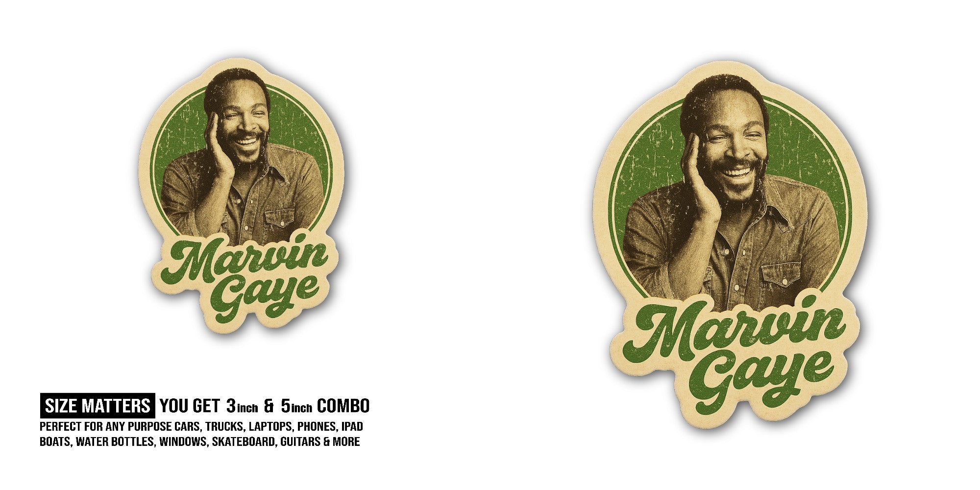 Marvin Gaye Sticker, Waterproof Vinyl Decal Sticker Indoor Or Outdoor 2 (Pieces) 3" and 5"