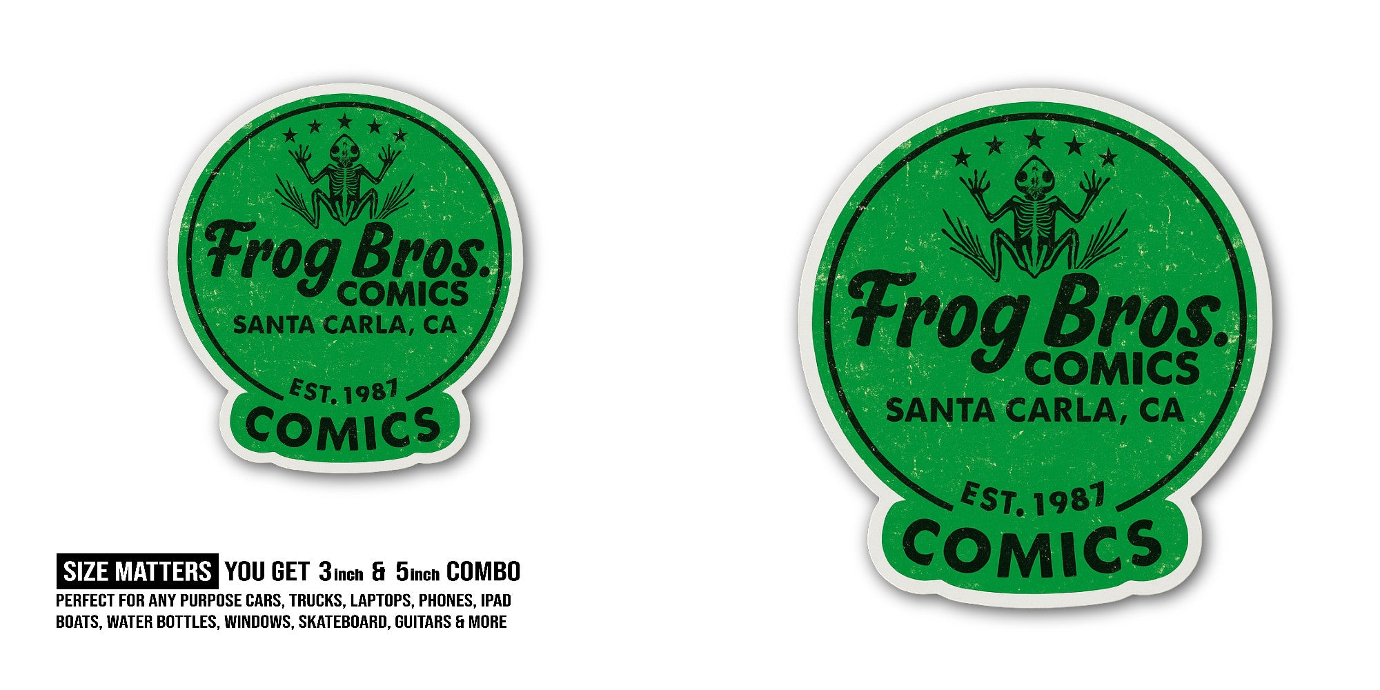 Frog Bros. Comics Sticker, Waterproof Vinyl Decal Sticker Indoor Or Outdoor 2 (Pieces) 3" and 5"