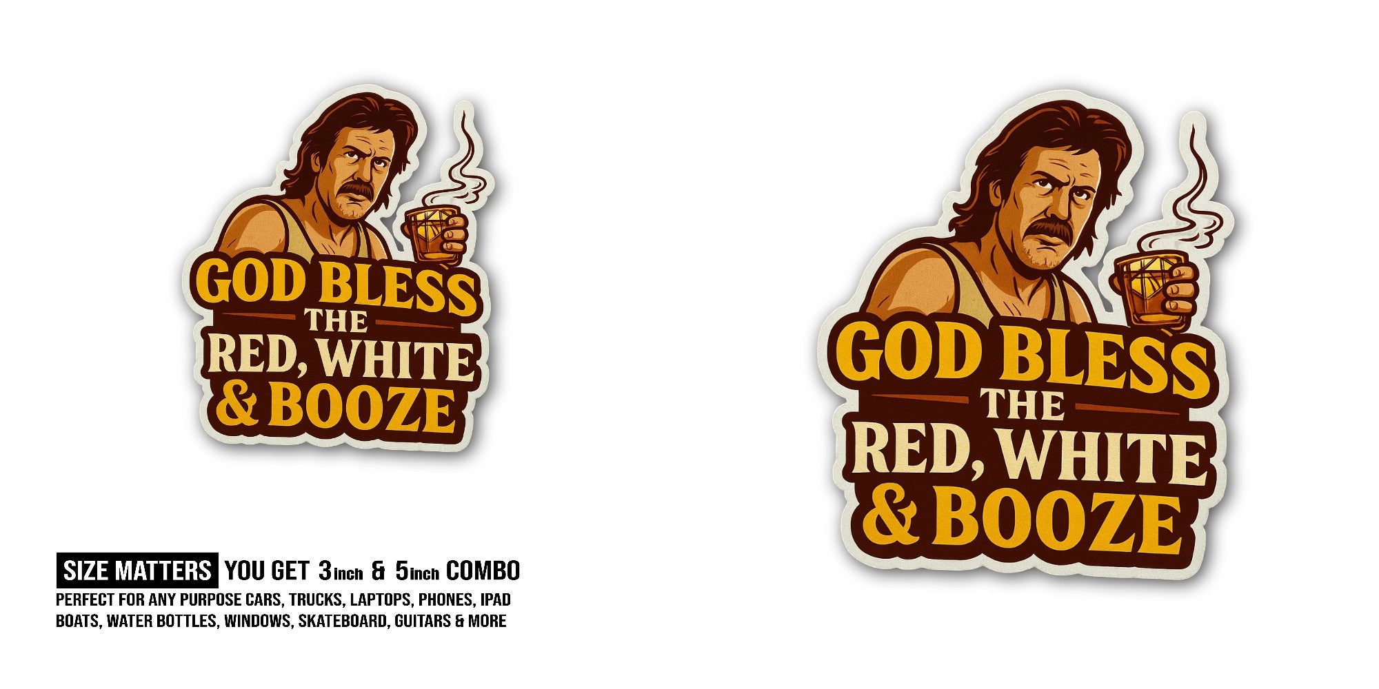 God Bless The Red, White & Booze Sticker, Waterproof Vinyl Decal Sticker Indoor Or Outdoor 2 (Pieces) 3" and 5"