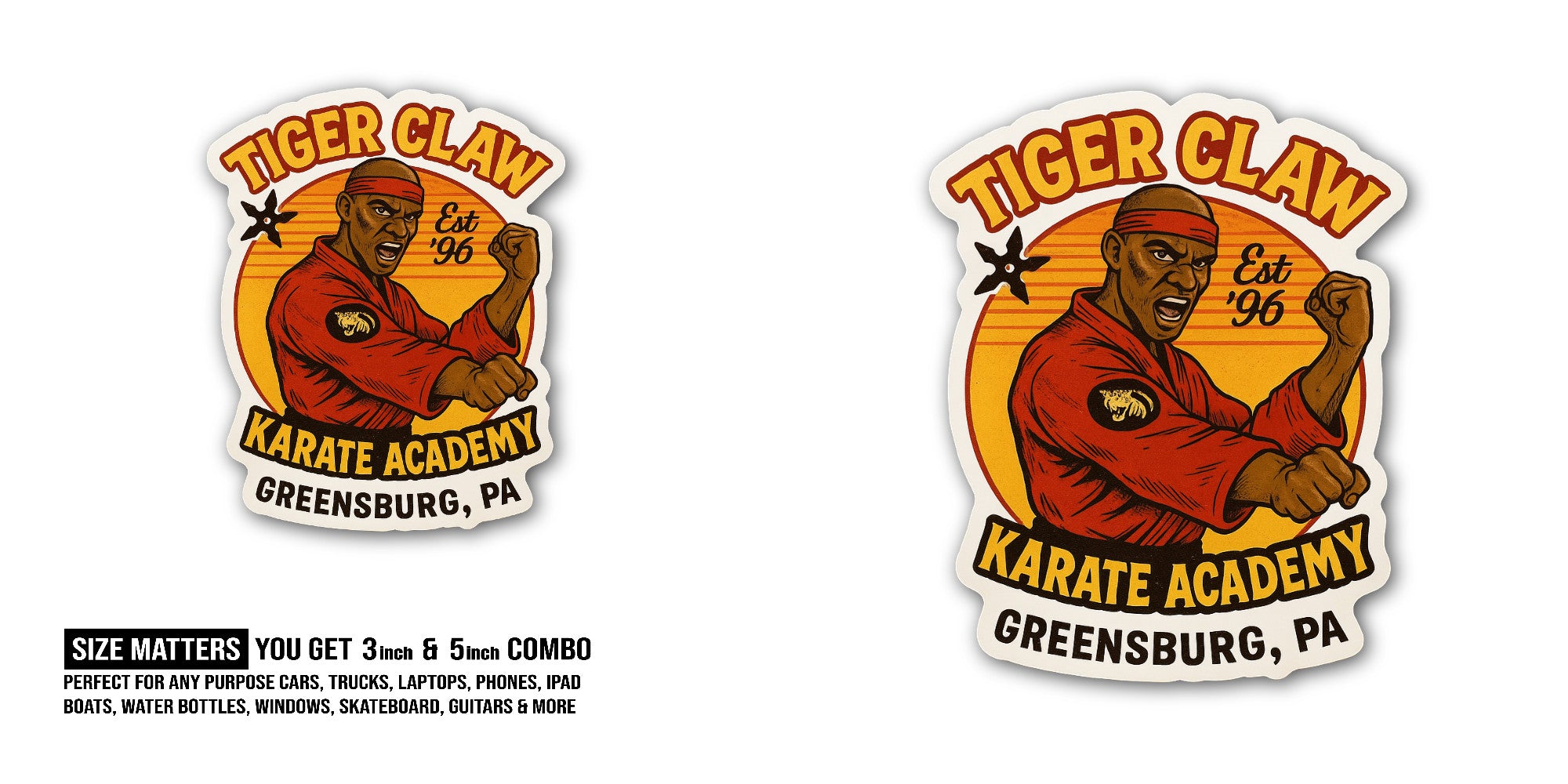Tiger Claw Karate Academy Sticker, Waterproof Vinyl Decal Sticker Indoor Or Outdoor 2 (Pieces) 3" and 5"