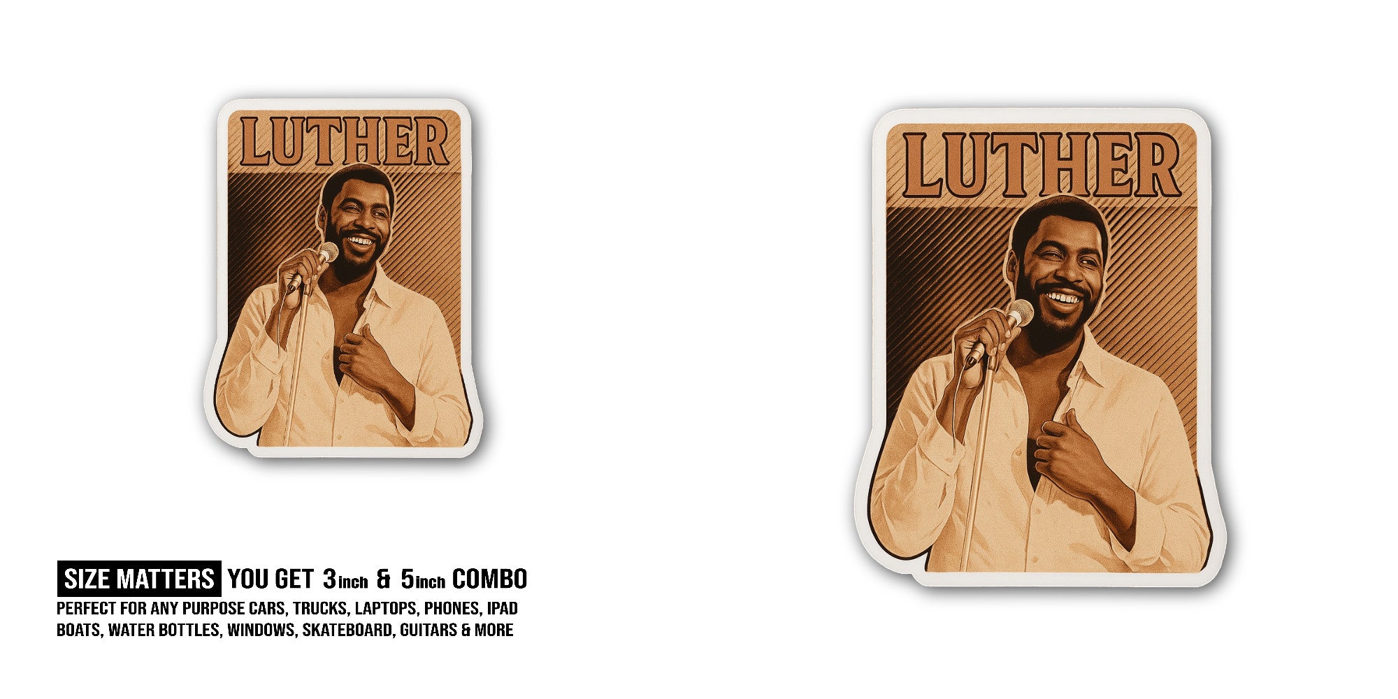 Luther Sticker, Waterproof Vinyl Decal Sticker Indoor Or Outdoor 2 (Pieces) 3" and 5"