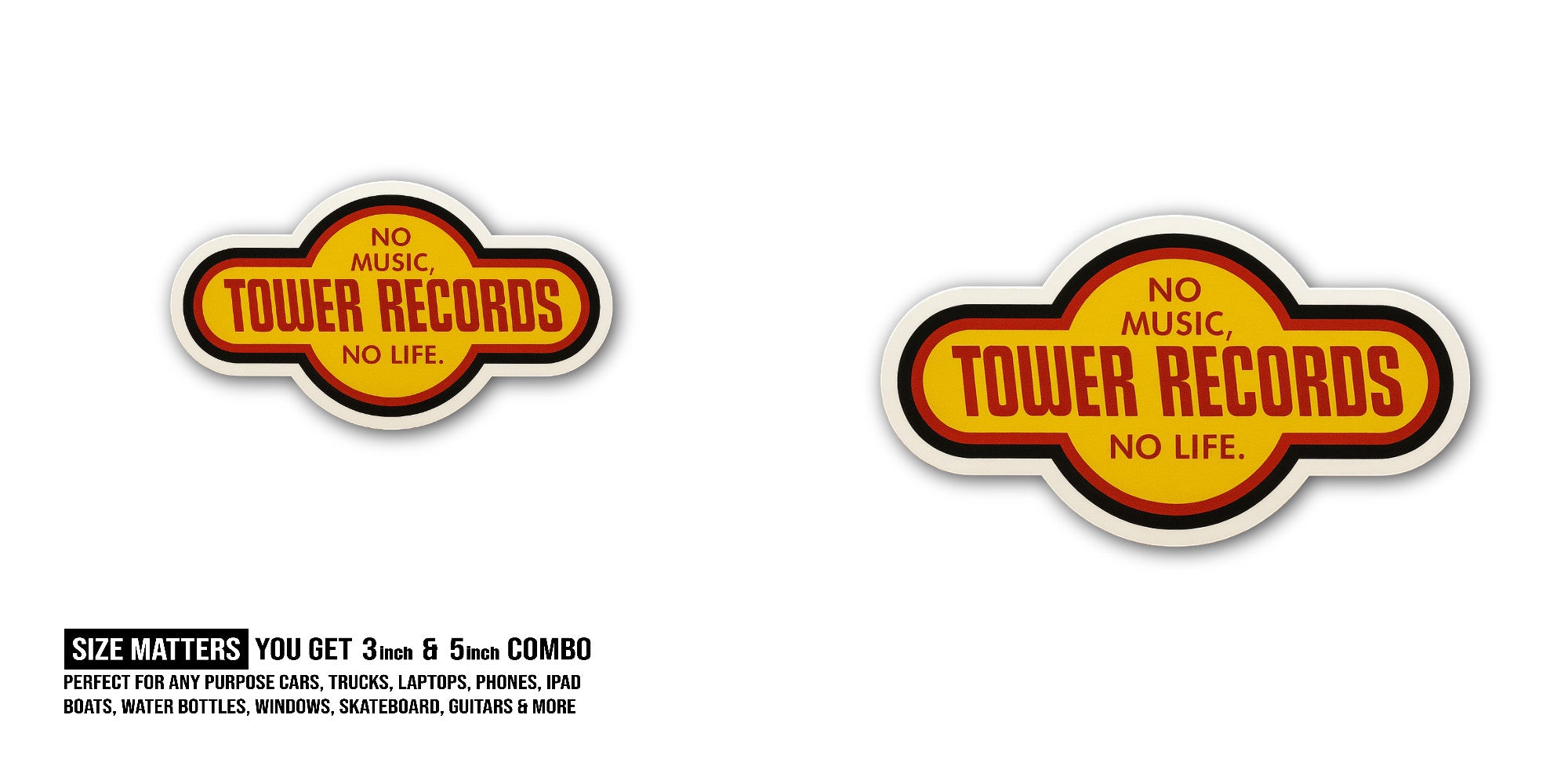 Tower Records Sticker, Waterproof Vinyl Decal Sticker Indoor Or Outdoor 2 (Pieces) 3" and 5"