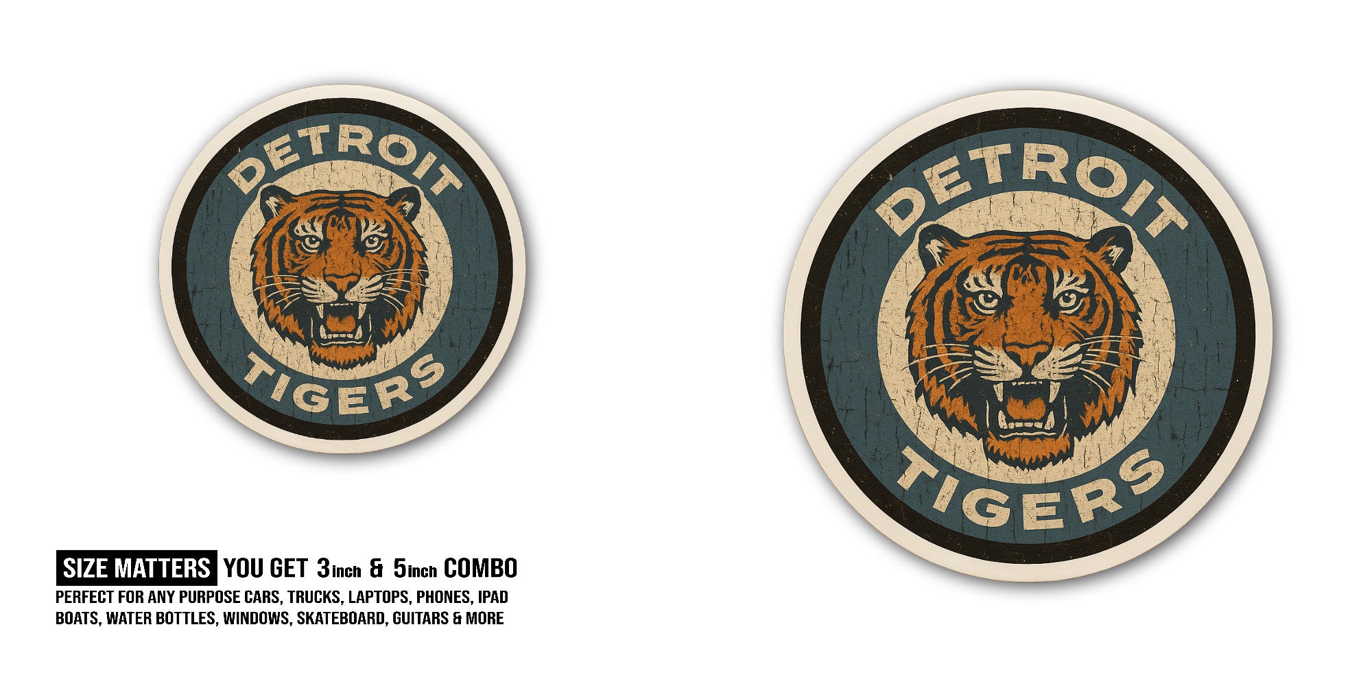 Detroit Tigers Sticker, Waterproof Vinyl Decal Sticker Indoor Or Outdoor 2 (Pieces) 3" and 5"