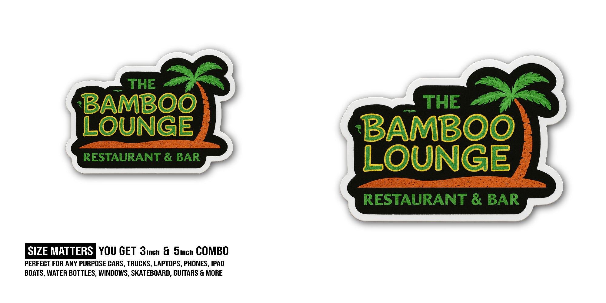 The Bamboo Lounge Restaurant Sticker, Waterproof Vinyl Decal Sticker Indoor Or Outdoor 2 (Pieces) 3" and 5"