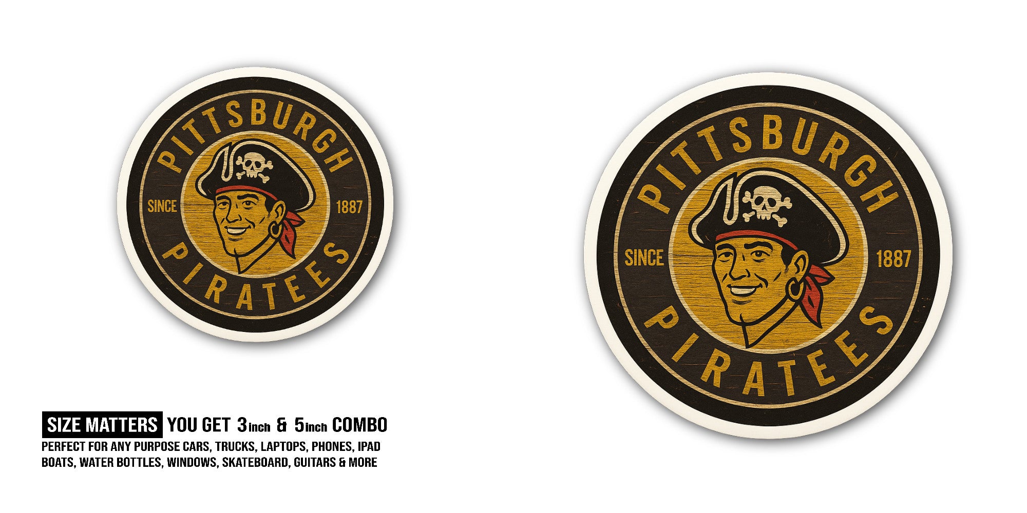 Pittsburgh Pirates Sticker, Waterproof Vinyl Decal Sticker Indoor Or Outdoor 2 (Pieces) 3" and 5"