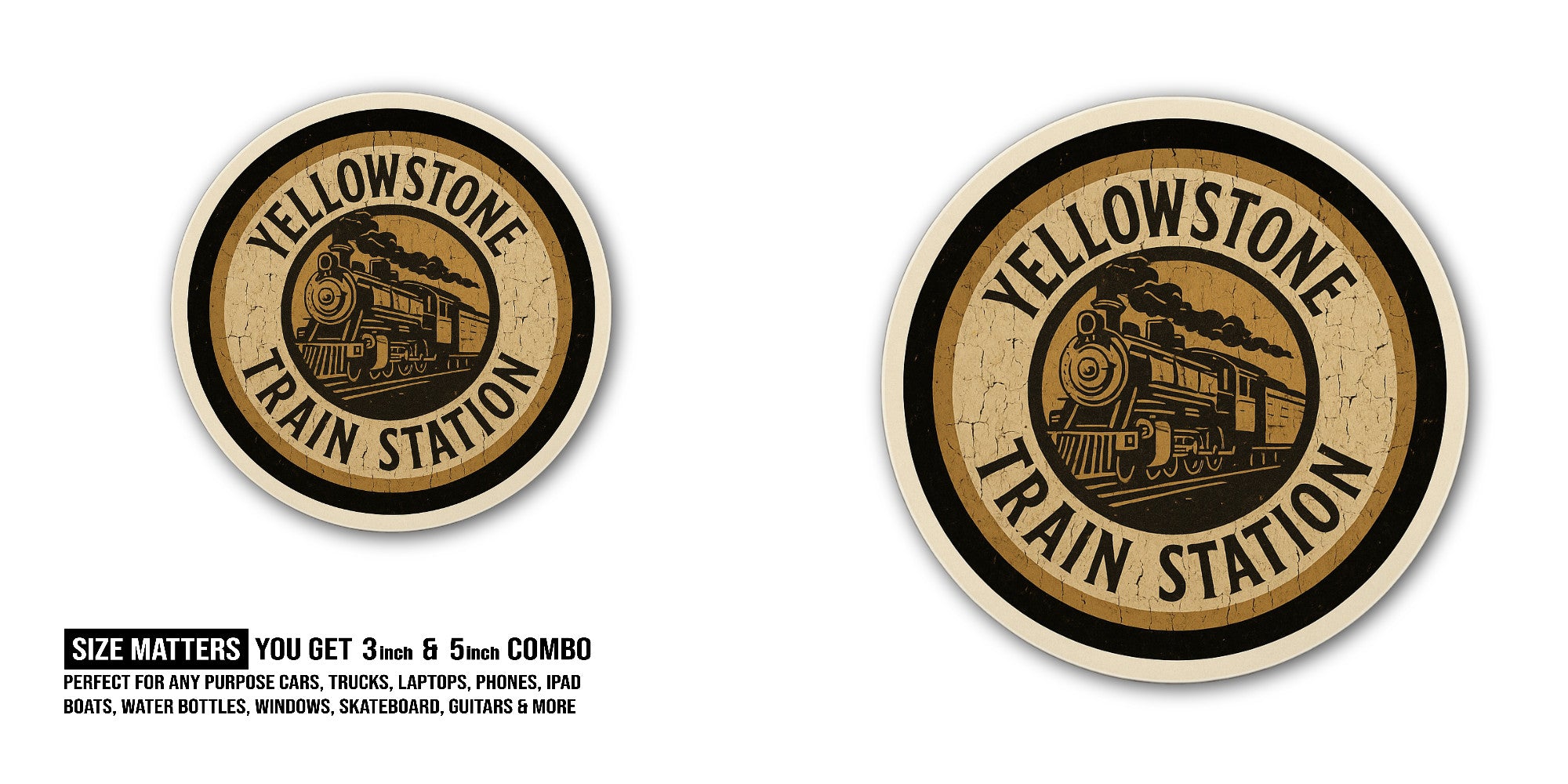 Yellowstone Train Station Sticker, Waterproof Vinyl Decal Sticker Indoor Or Outdoor 2 (Pieces) 3" and 5"