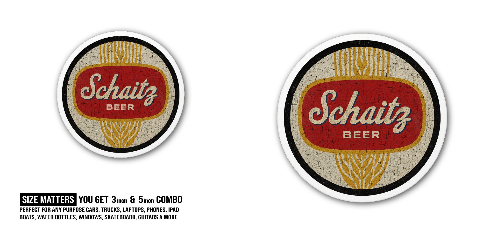 Schaefer Beer logo Sticker, Waterproof Vinyl Decal Sticker Indoor Or Outdoor 2 (Pieces) 3" and 5"