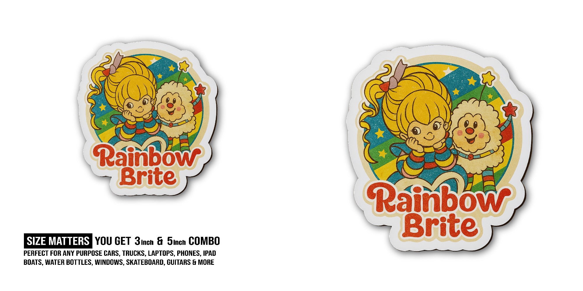 Rainbow Brite Sticker, Waterproof Vinyl Decal Sticker Indoor Or Outdoor 2 (Pieces) 3" and 5"