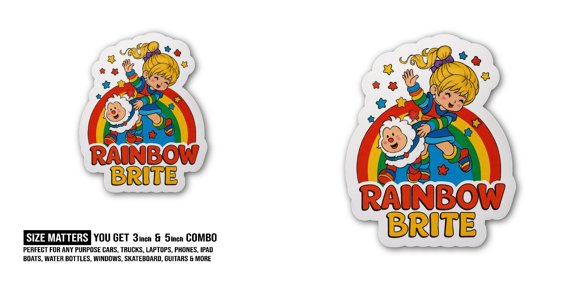 Distressed Rainbow Brite Sticker, Waterproof Vinyl Decal Sticker Indoor Or Outdoor 2 (Pieces) 3" and 5"