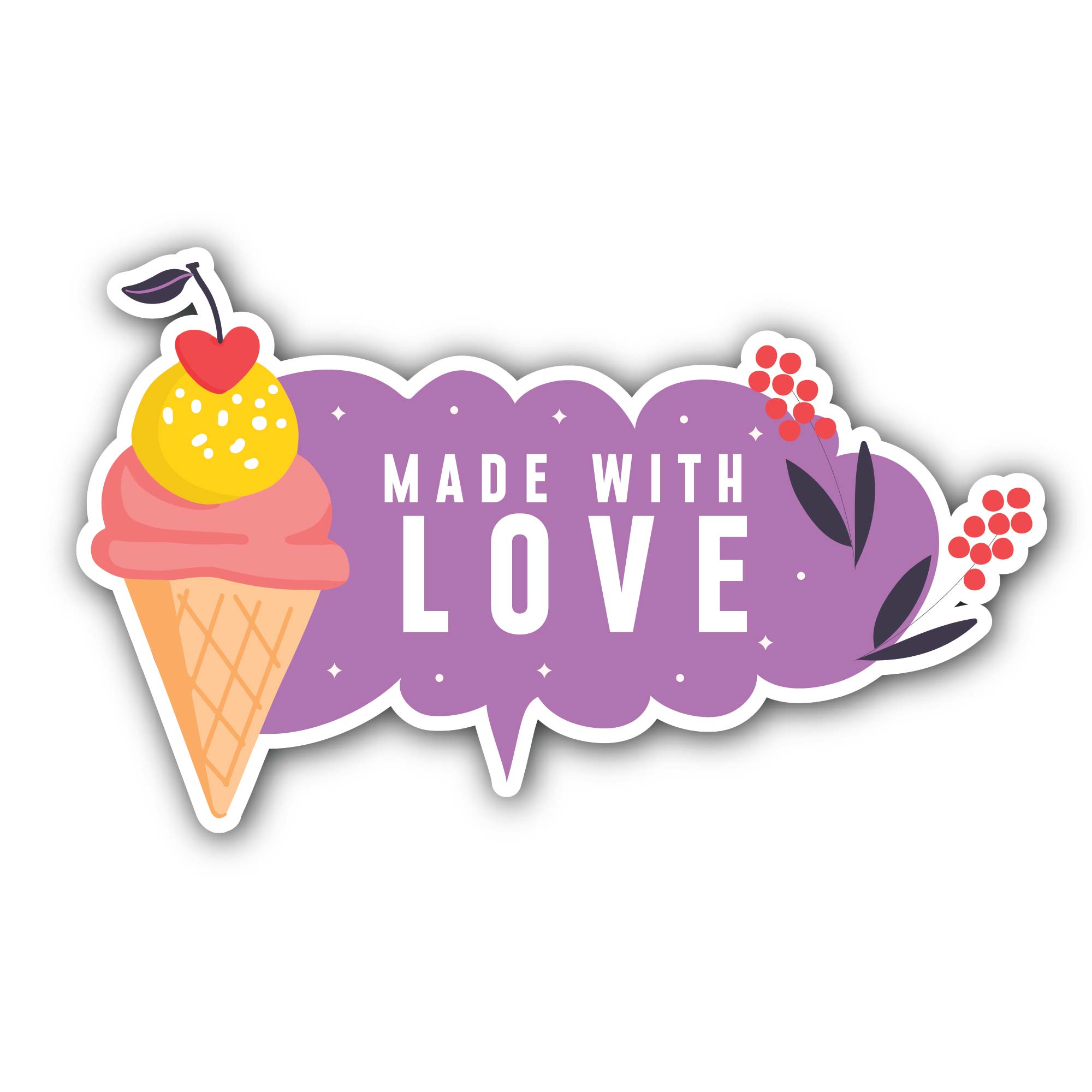 Ice-Cream & Made with Love Text Sticker, Waterproof Vinyl Decal Sticker Indoor Or Outdoor 2 (Pieces) 3" and 5"