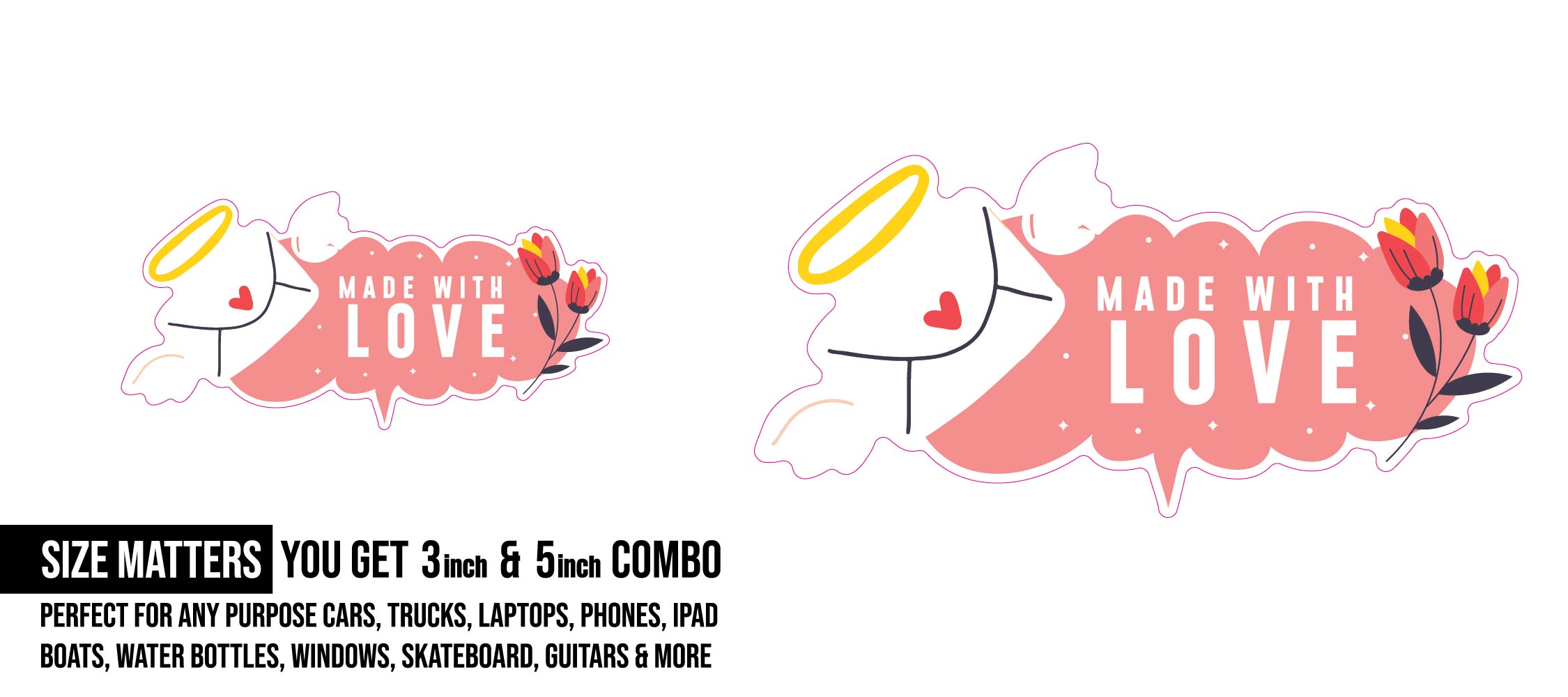 Love Letter & Made with Love Text Sticker, Waterproof Vinyl Decal Sticker Indoor Or Outdoor 2 (Pieces) 3" and 5"