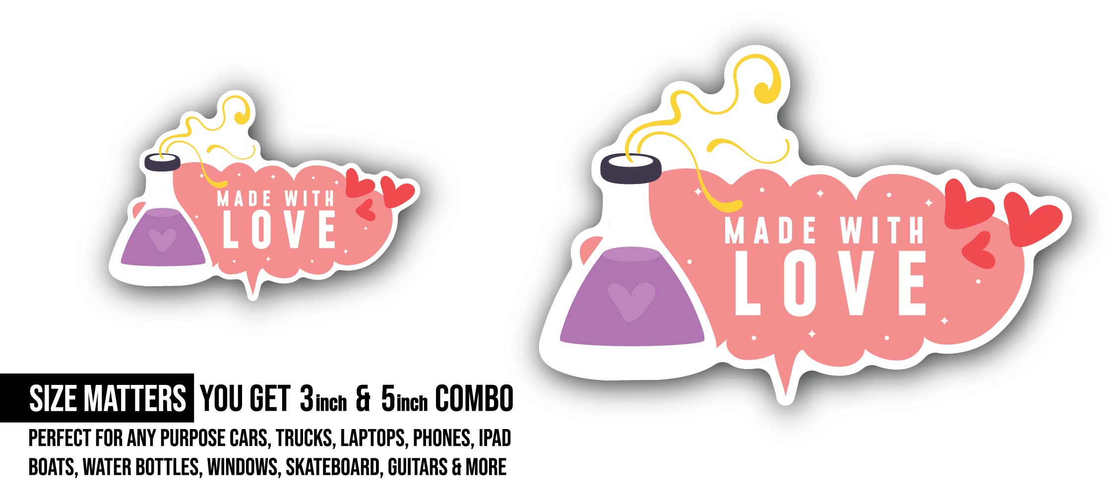 Pink Cloud & Made with Love Sticker, Waterproof Vinyl Decal Sticker Indoor Or Outdoor 2 (Pieces) 3" and 5"