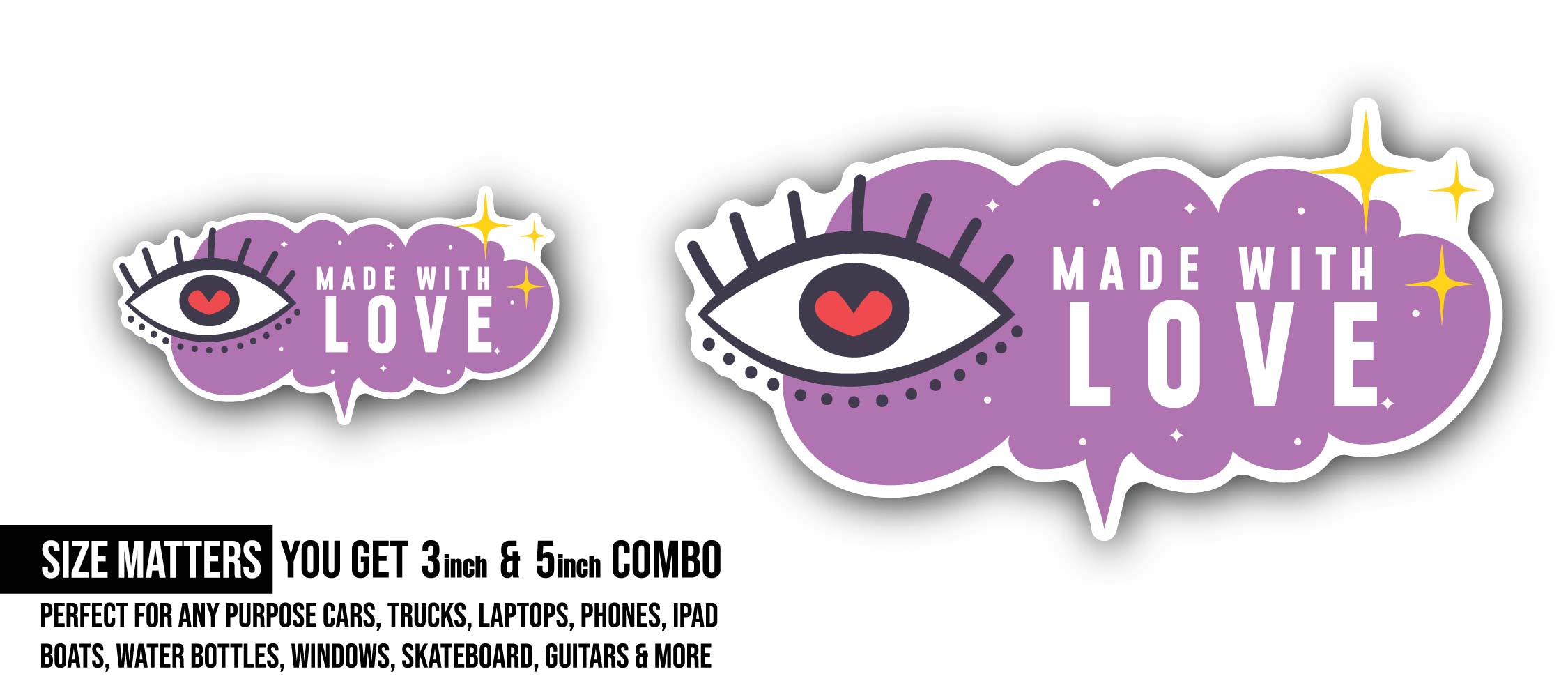 Eyes & Made With Love Text Sticker, Waterproof Vinyl Decal Sticker Indoor Or Outdoor 2 (Pieces) 3" and 5"