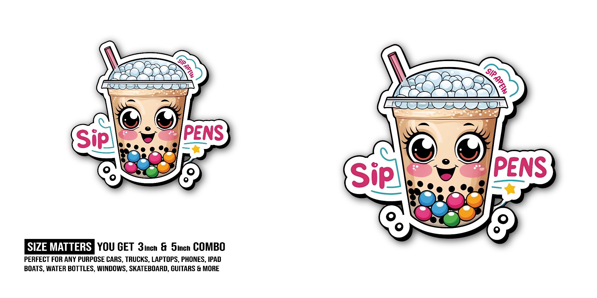 Bubble Tea Bliss Sticker, Waterproof Vinyl Decal Sticker Indoor Or Outdoor 2 (Pieces) 3" and 5"